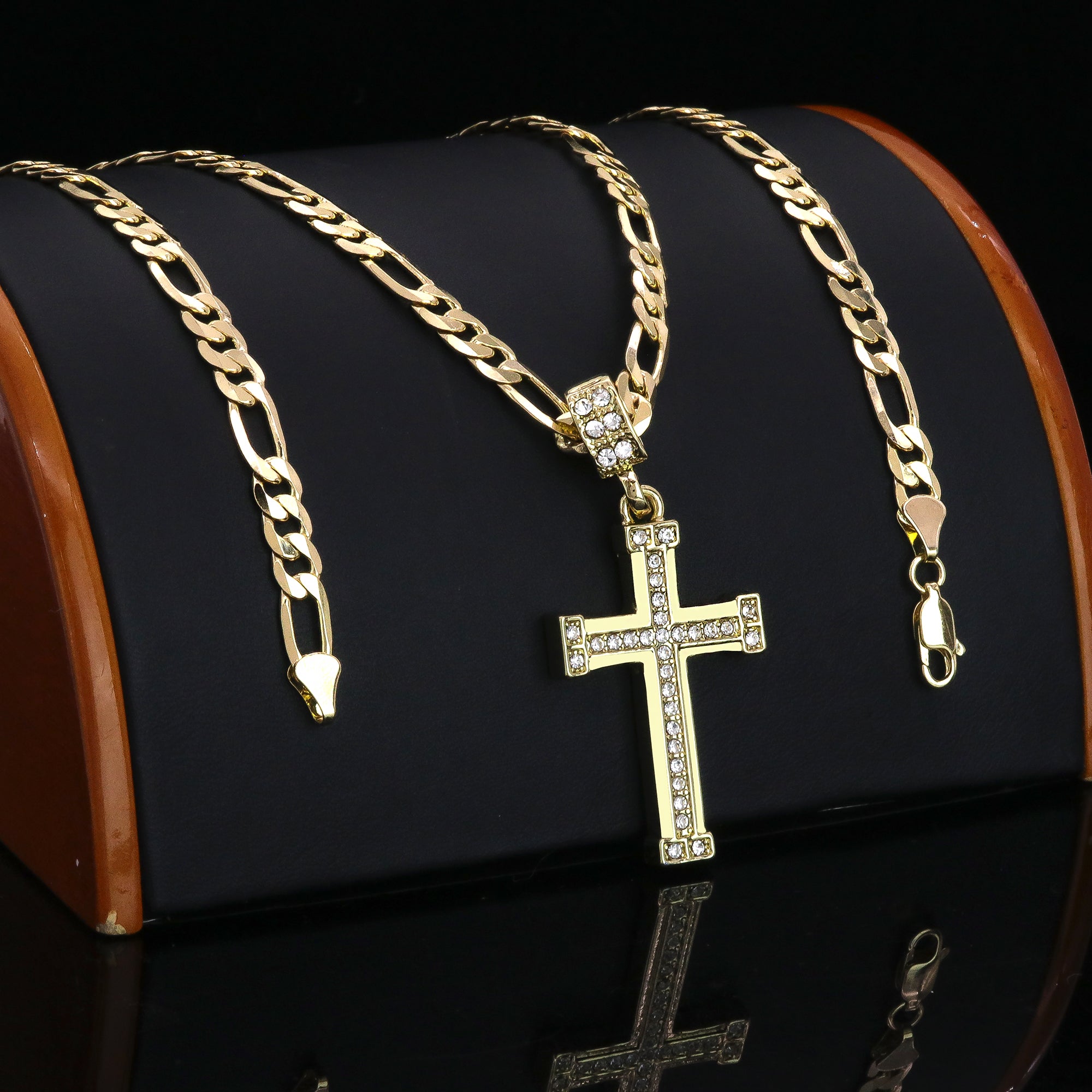 Single Row Cz Staple Cross Pendant 20" Figaro Chain Hip Hop Style 18k Gold Plated