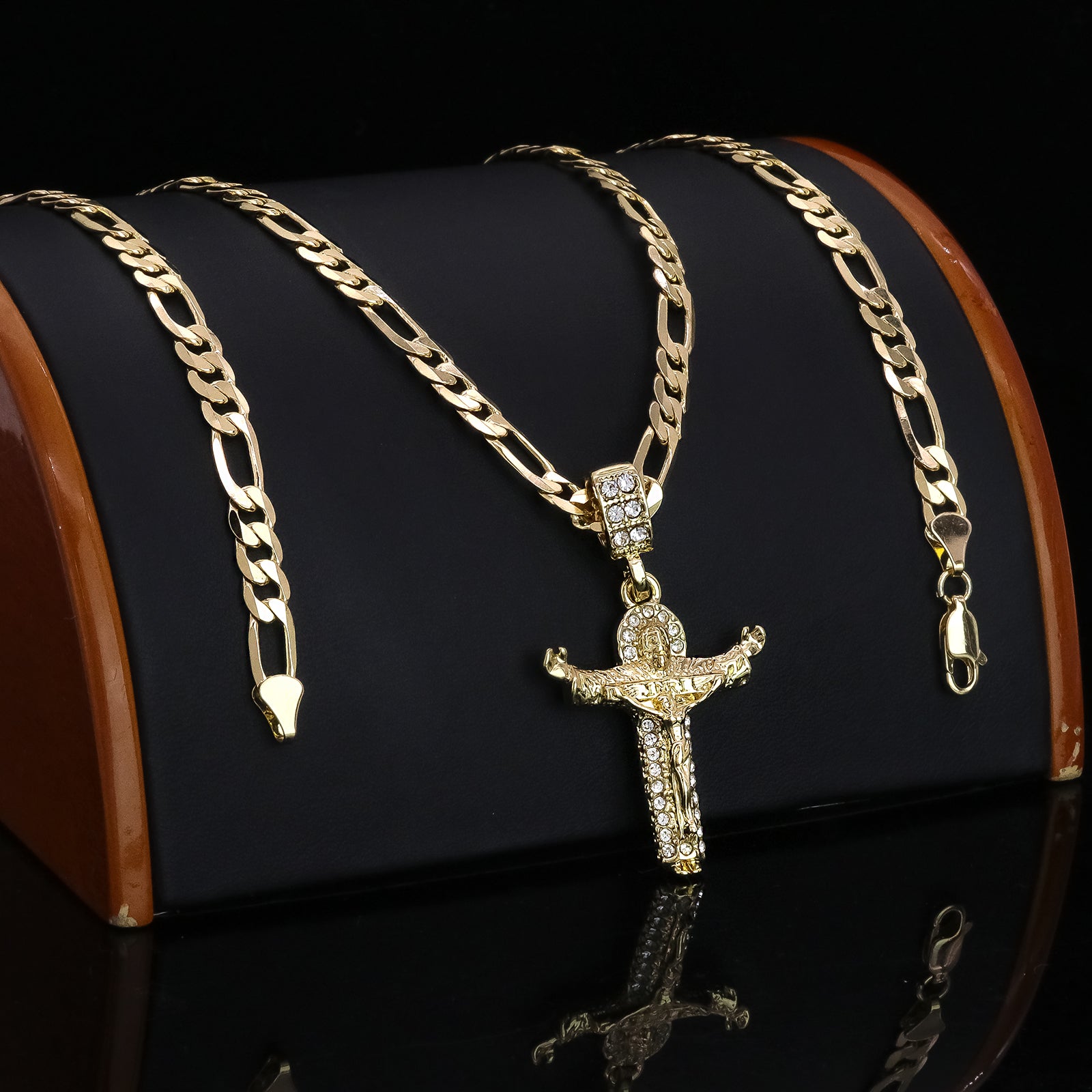 Jesus & Holy Father Cross Pendant 20" Figaro Chain Hip Hop Style 18k Gold Plated