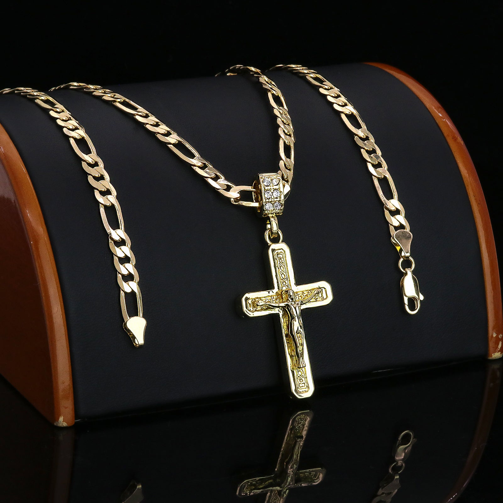Jesus Pillar Cross Pendant 20" Figaro Chain Hip Hop Style 18k Gold Plated