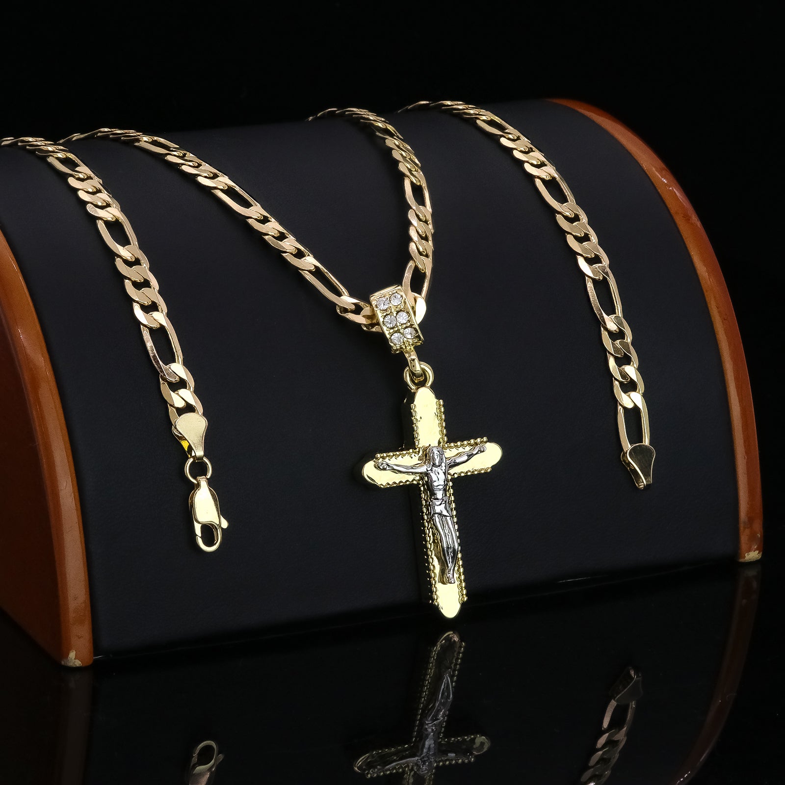 Two Tone Jesus Smooth Cross Pendant 20" Figaro Chain Hip Hop Style 18k Gold Plated