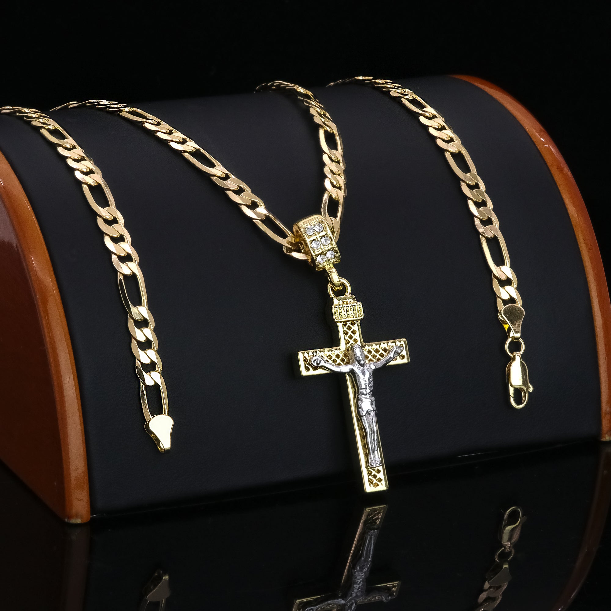 INRE Two Tone Jesus Cross Pendant 20" Figaro Chain Hip Hop Style 18k Gold Plated