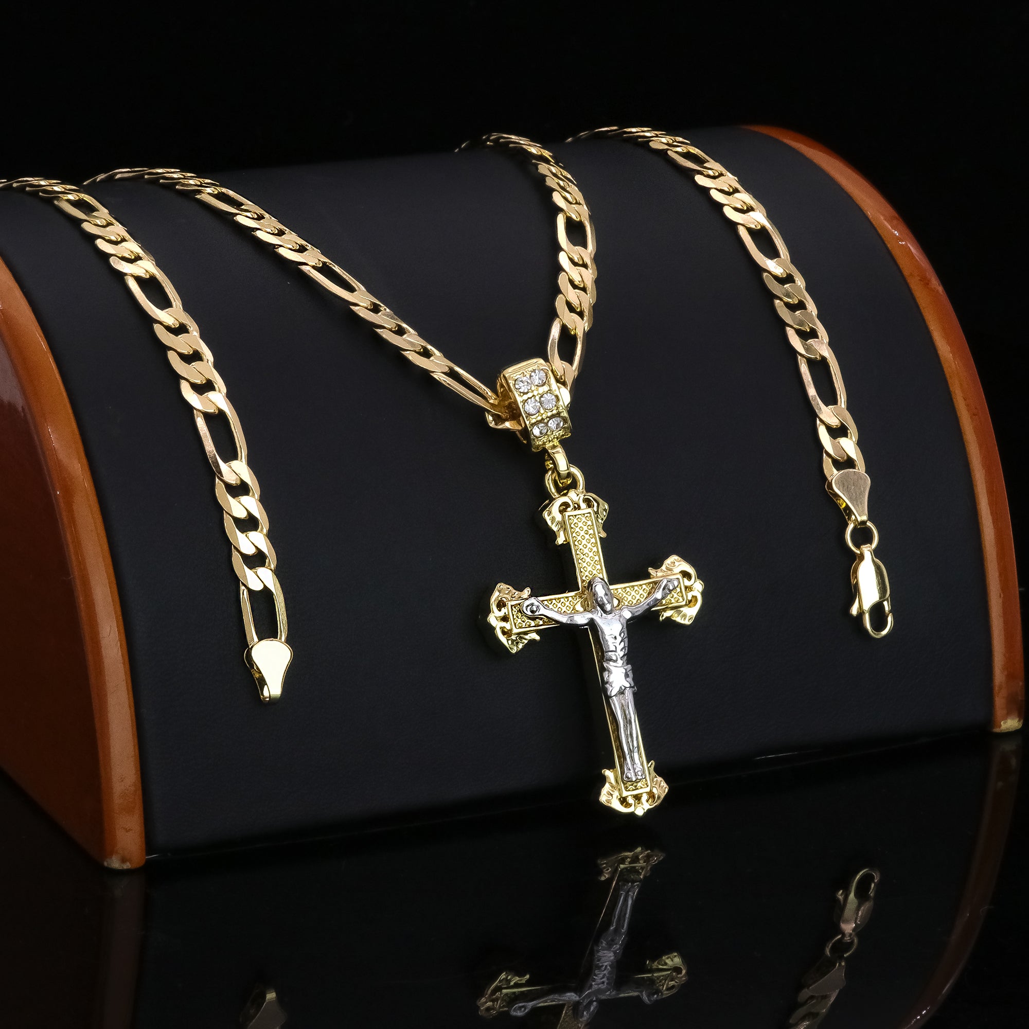 Edge Design Two Tone Jesus Cross Pendant 20" Figaro Chain Hip Hop Style 18k Gold Plated
