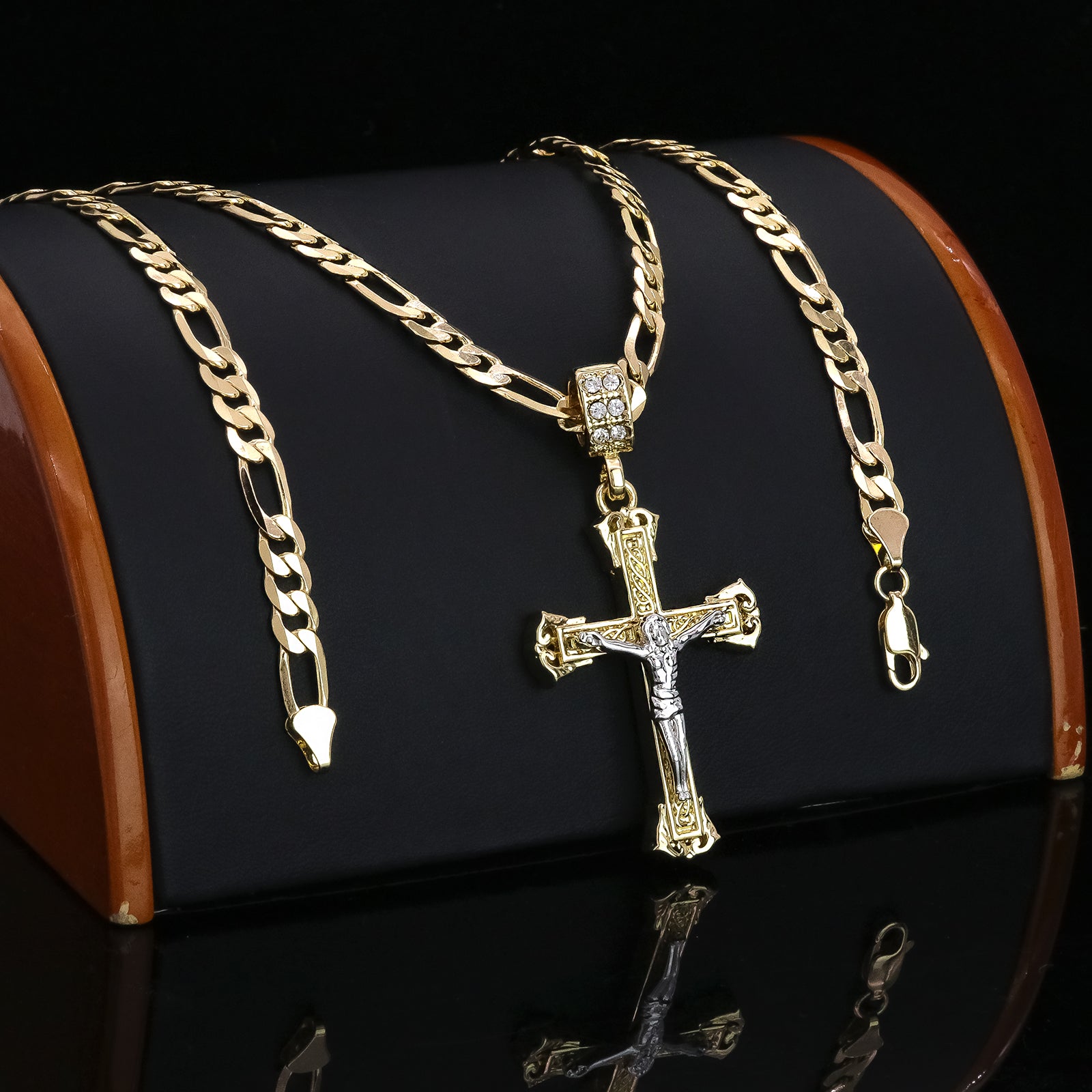 Two Tone Jesus Pillar Cross Pendant 20" Figaro Chain Hip Hop Style 18k Gold Plated