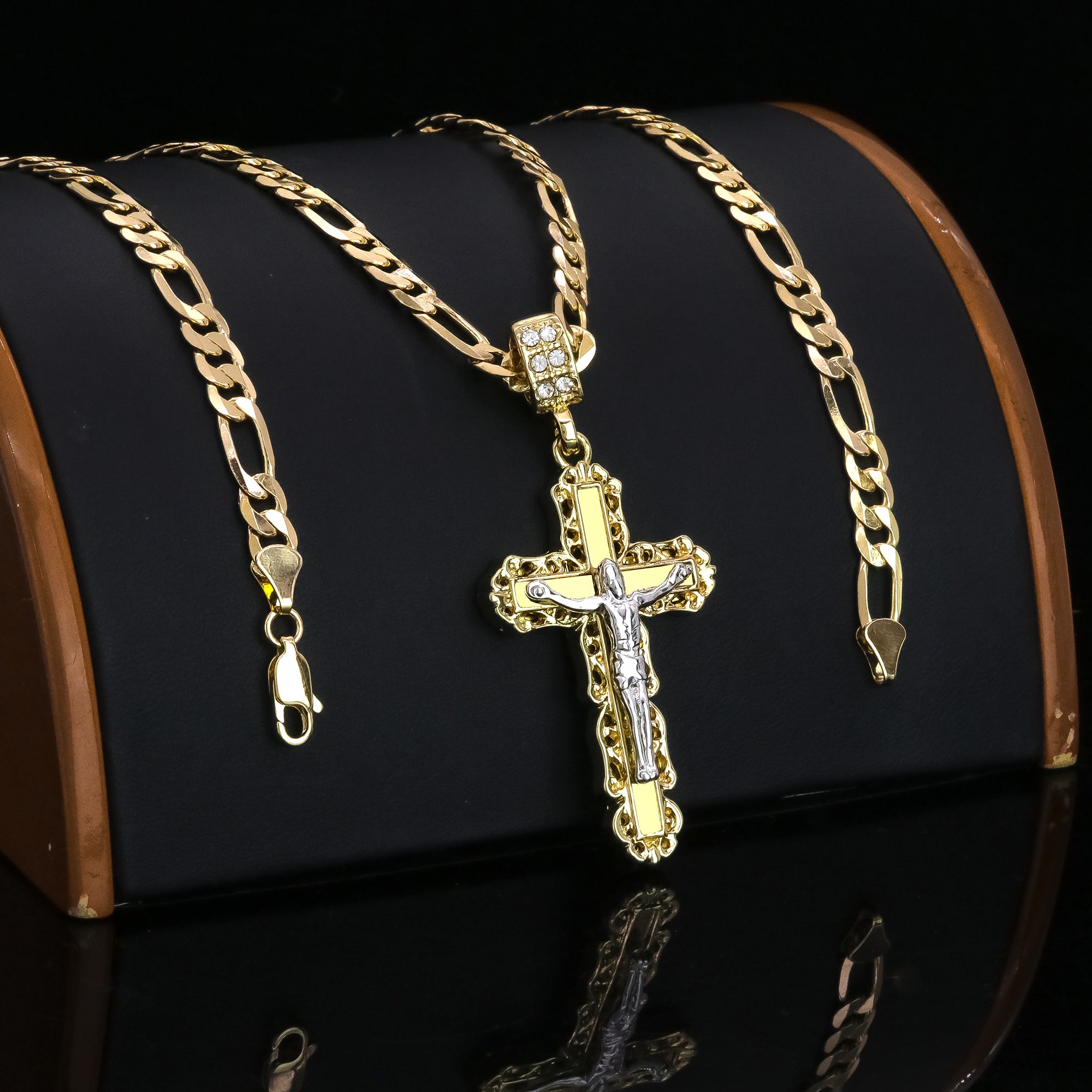 Clover Edge Design Jesus Cross Pendant 20" Figaro Chain Hip Hop Style 18k Gold Plated