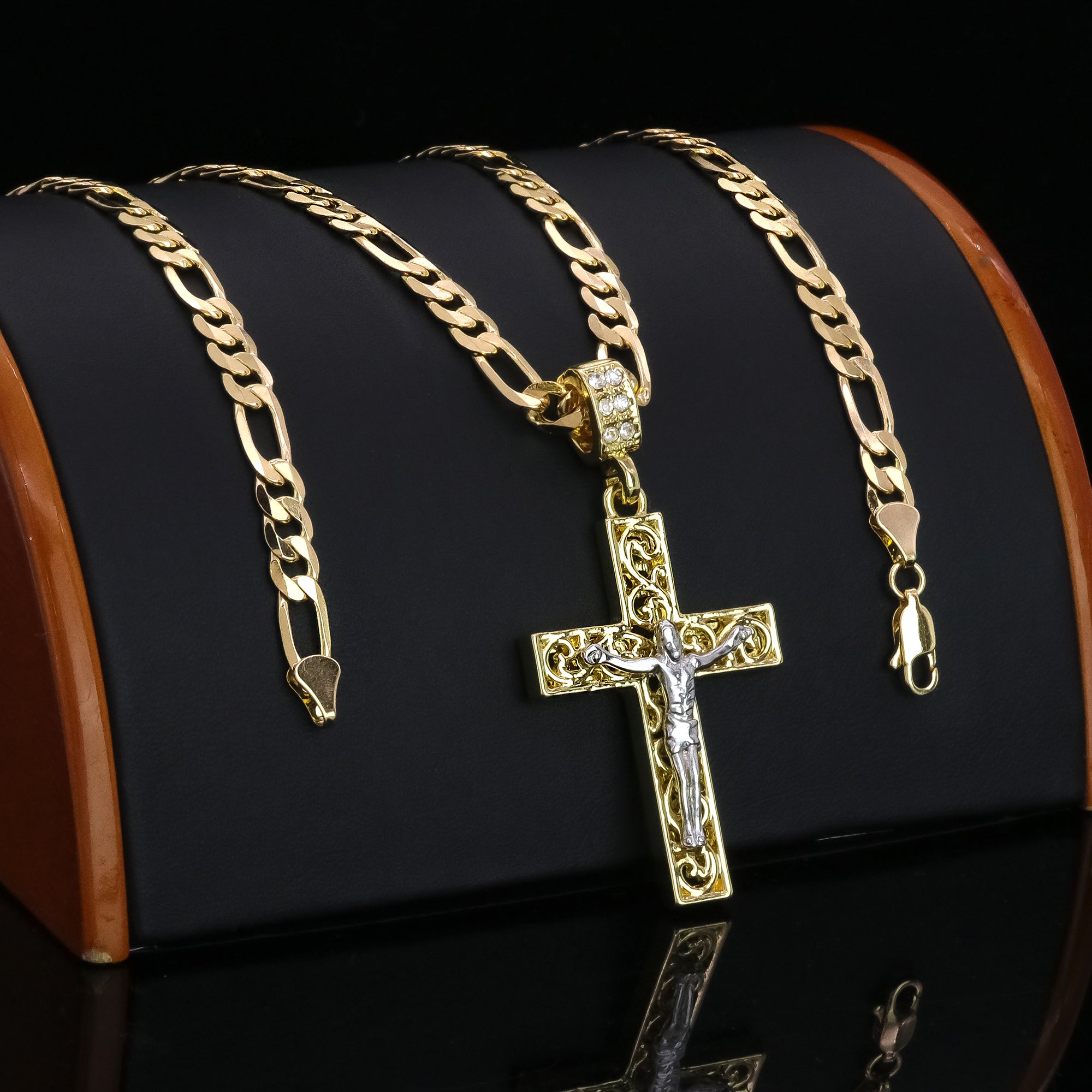 Clover Two Tone Jesus Cross Pendant 20" Figaro Chain Hip Hop Style 18k Gold Plated