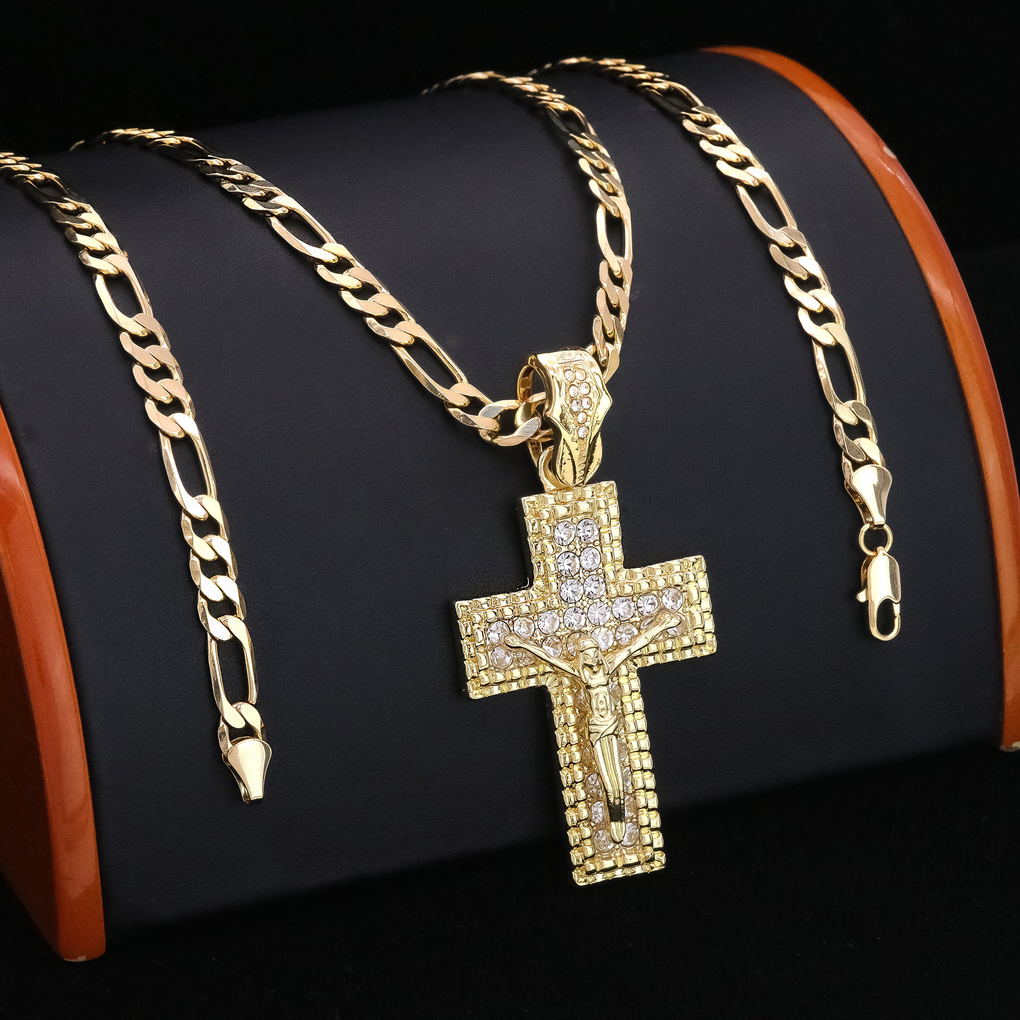 M1 Jesus Cz Cross Pendant 20" Figaro Chain Hip Hop Style 18k Gold Plated