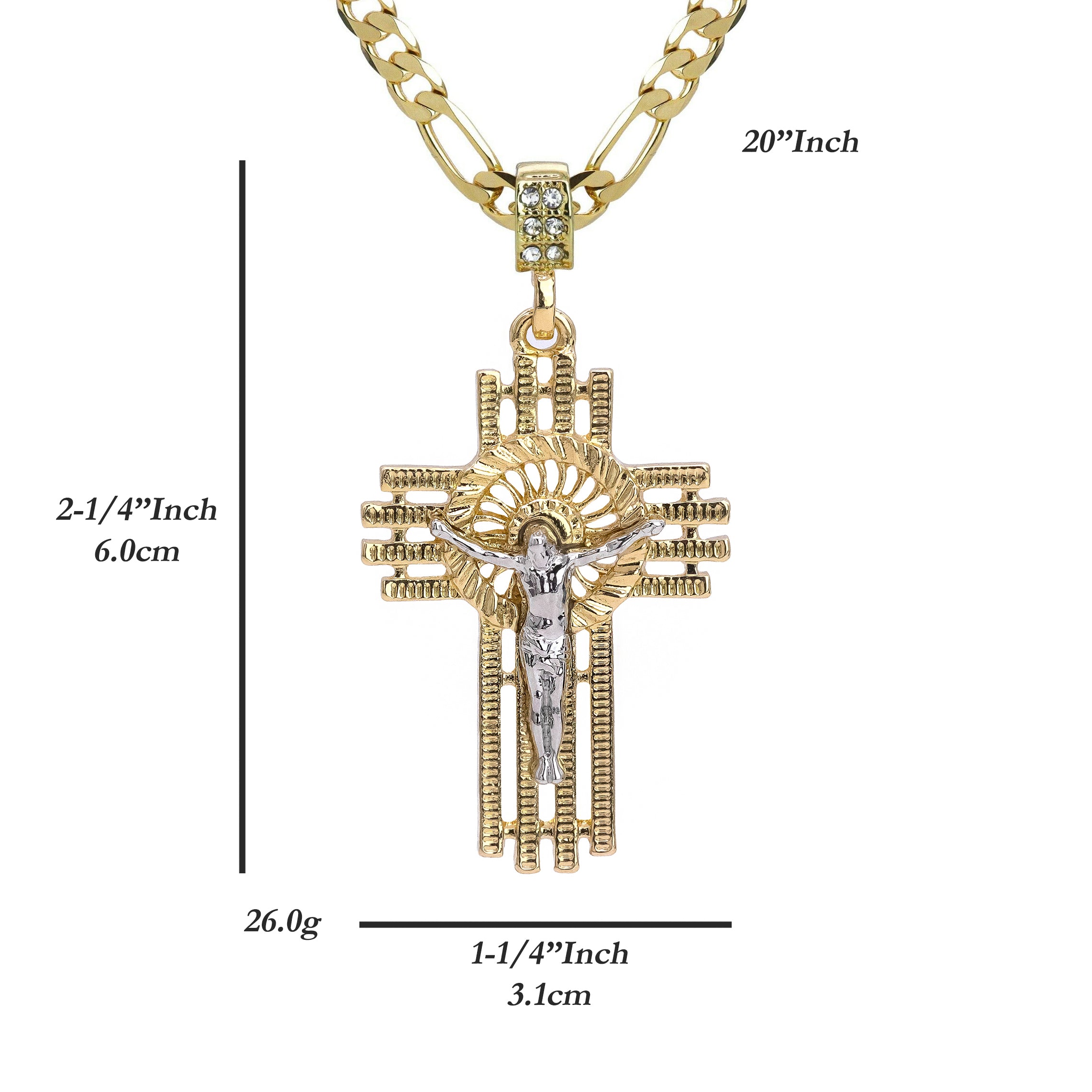 Halo Diamond Cut Jesus Cross Pendant 20" Figaro Chain Hip Hop Style 18k Gold Plated