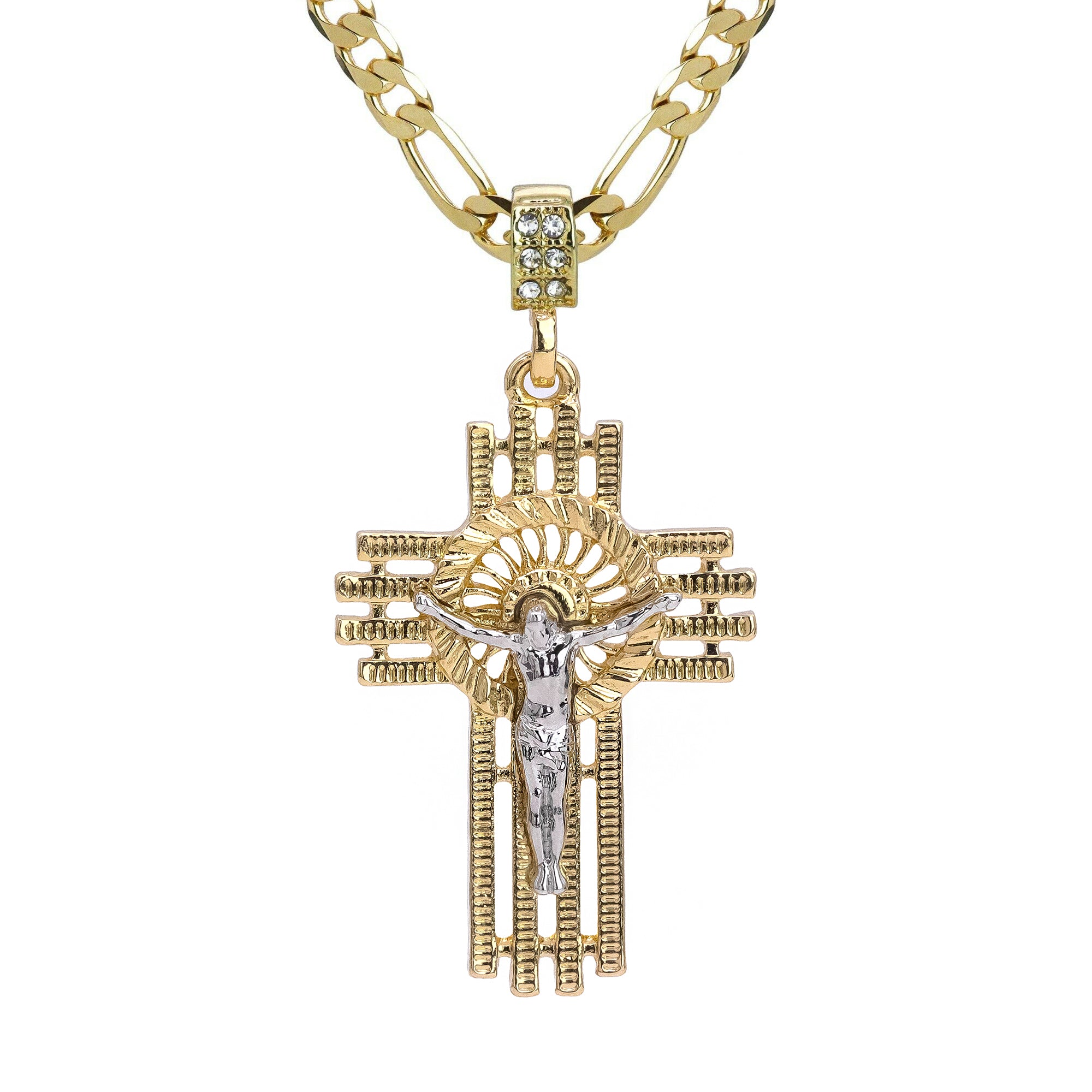 Halo Diamond Cut Jesus Cross Pendant 20" Figaro Chain Hip Hop Style 18k Gold Plated