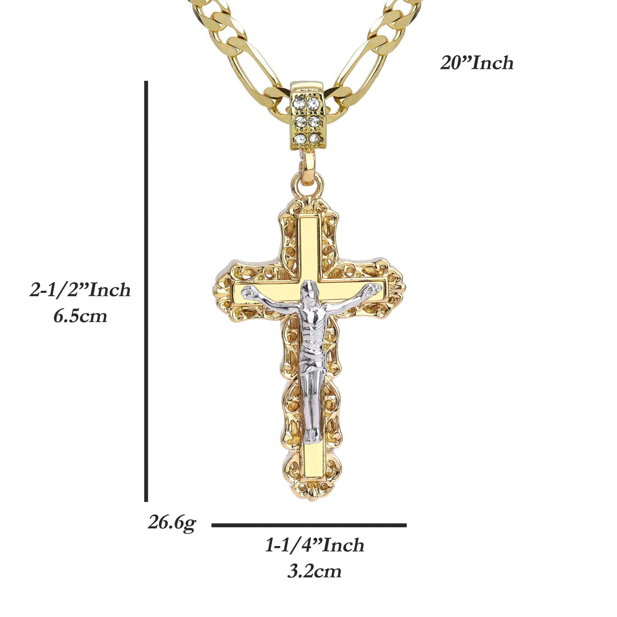 Clover Edge Design Jesus Cross Pendant 20" Figaro Chain Hip Hop Style 18k Gold Plated