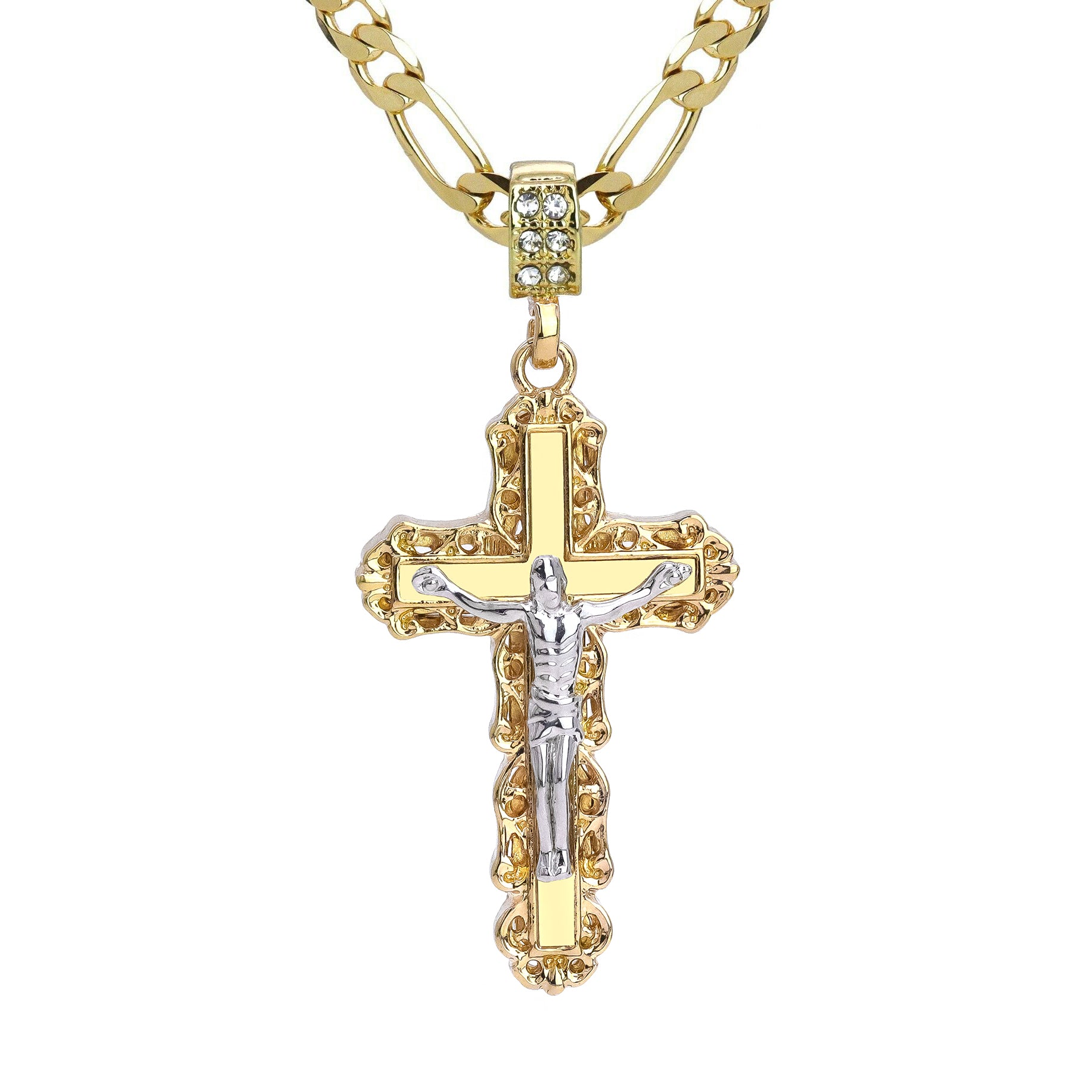 Clover Edge Design Jesus Cross Pendant 20" Figaro Chain Hip Hop Style 18k Gold Plated