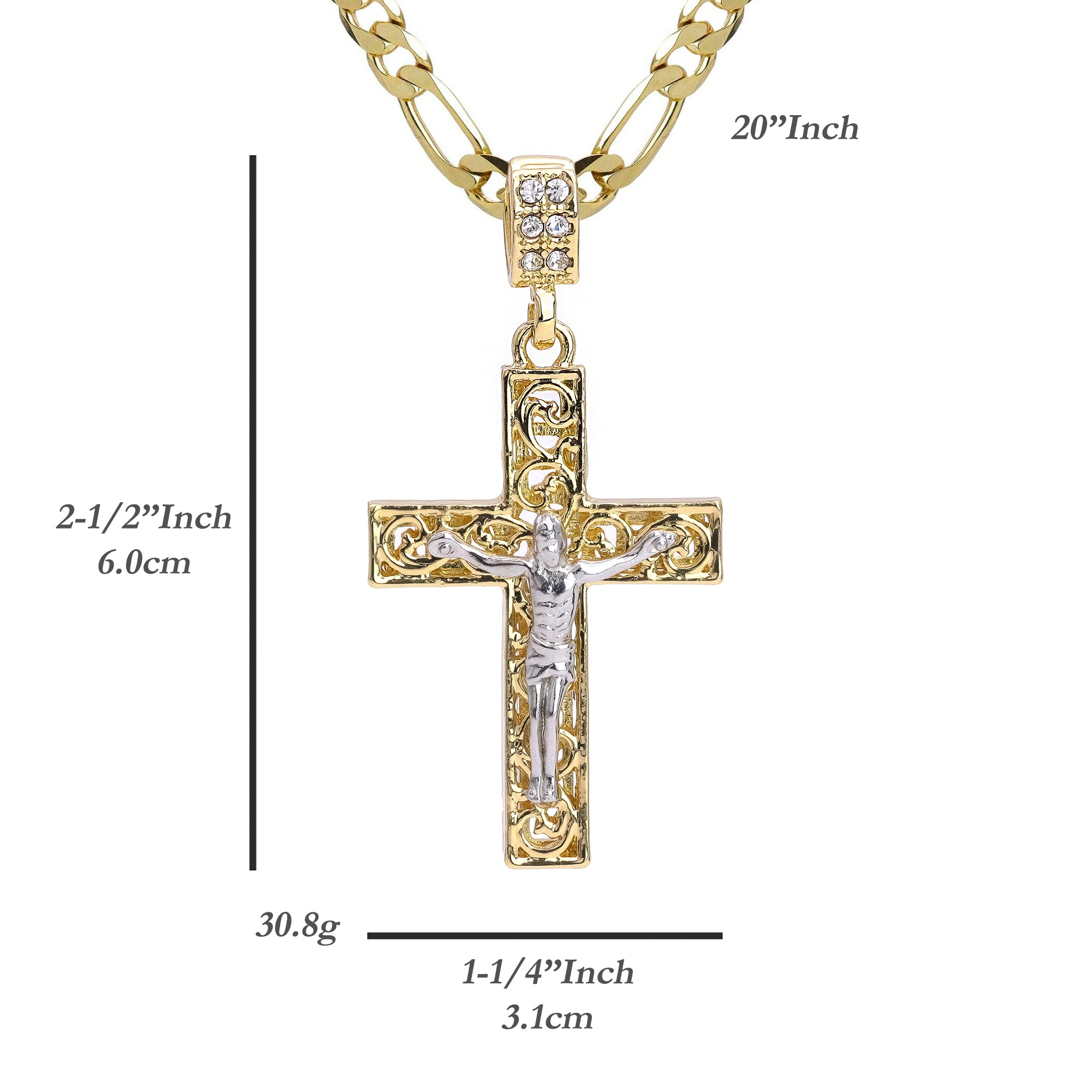 Clover Two Tone Jesus Cross Pendant 20" Figaro Chain Hip Hop Style 18k Gold Plated