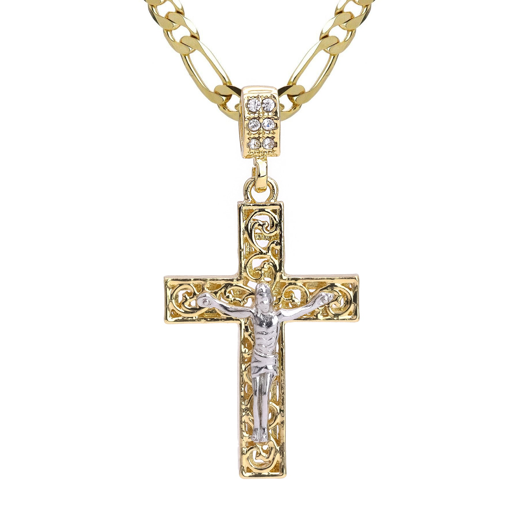 Clover Two Tone Jesus Cross Pendant 20" Figaro Chain Hip Hop Style 18k Gold Plated