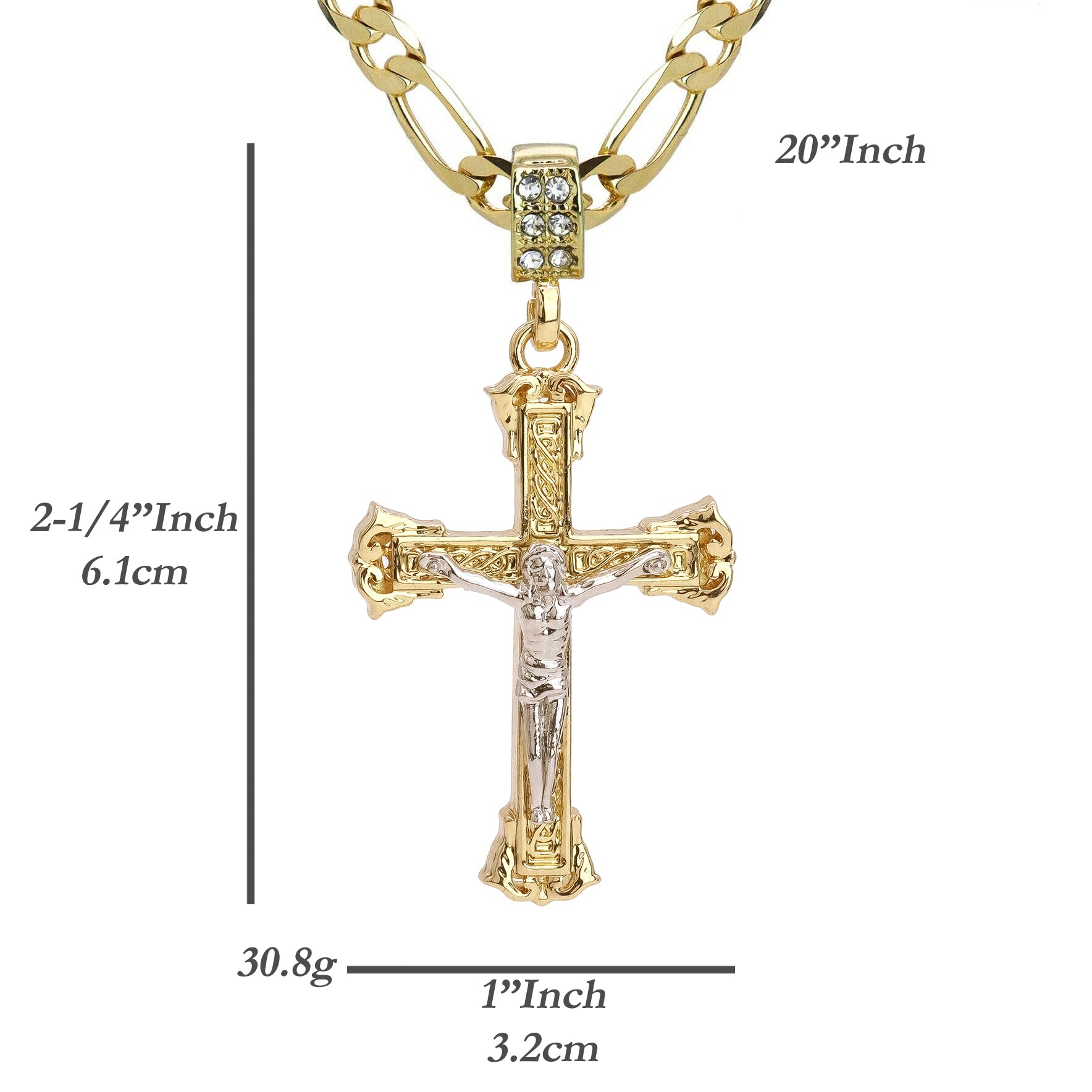 Two Tone Jesus Pillar Cross Pendant 20" Figaro Chain Hip Hop Style 18k Gold Plated