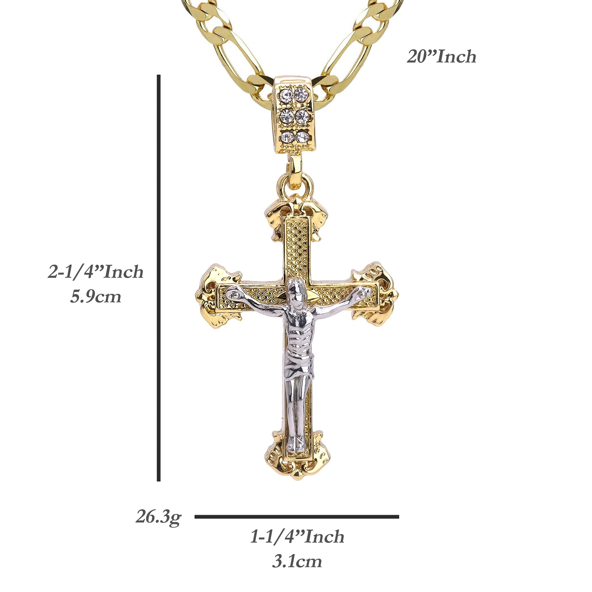 Edge Design Two Tone Jesus Cross Pendant 20" Figaro Chain Hip Hop Style 18k Gold Plated