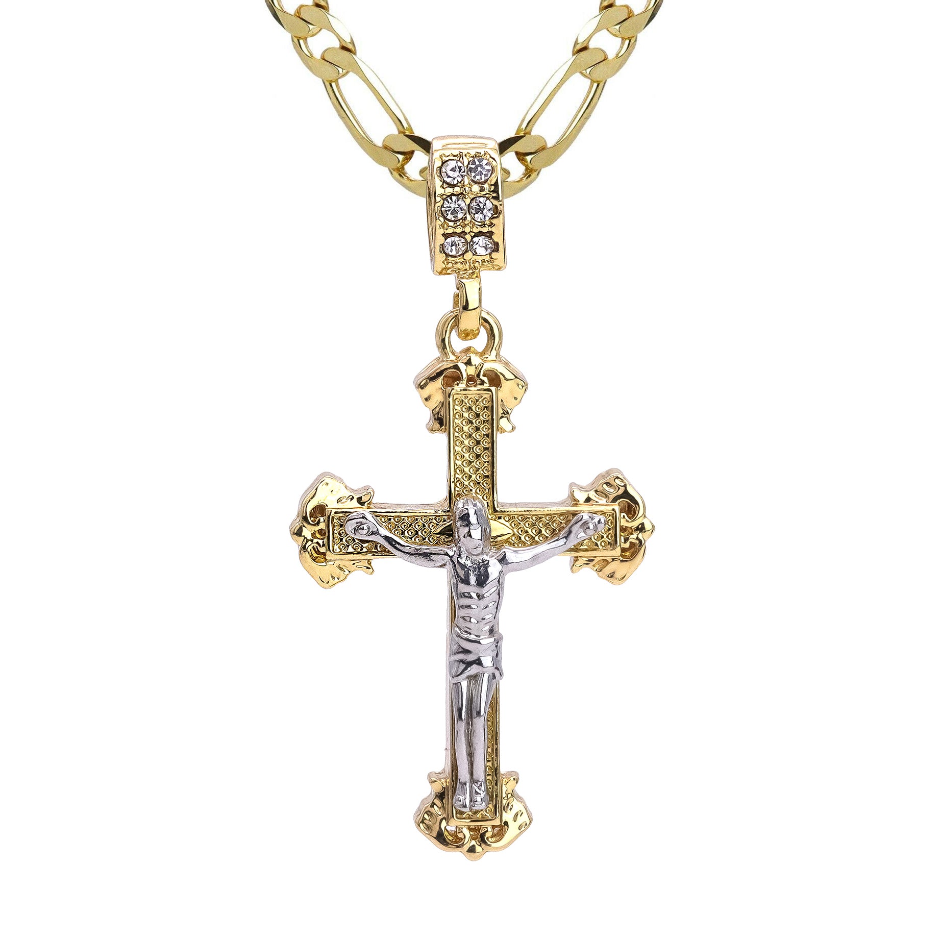 Edge Design Two Tone Jesus Cross Pendant 20" Figaro Chain Hip Hop Style 18k Gold Plated