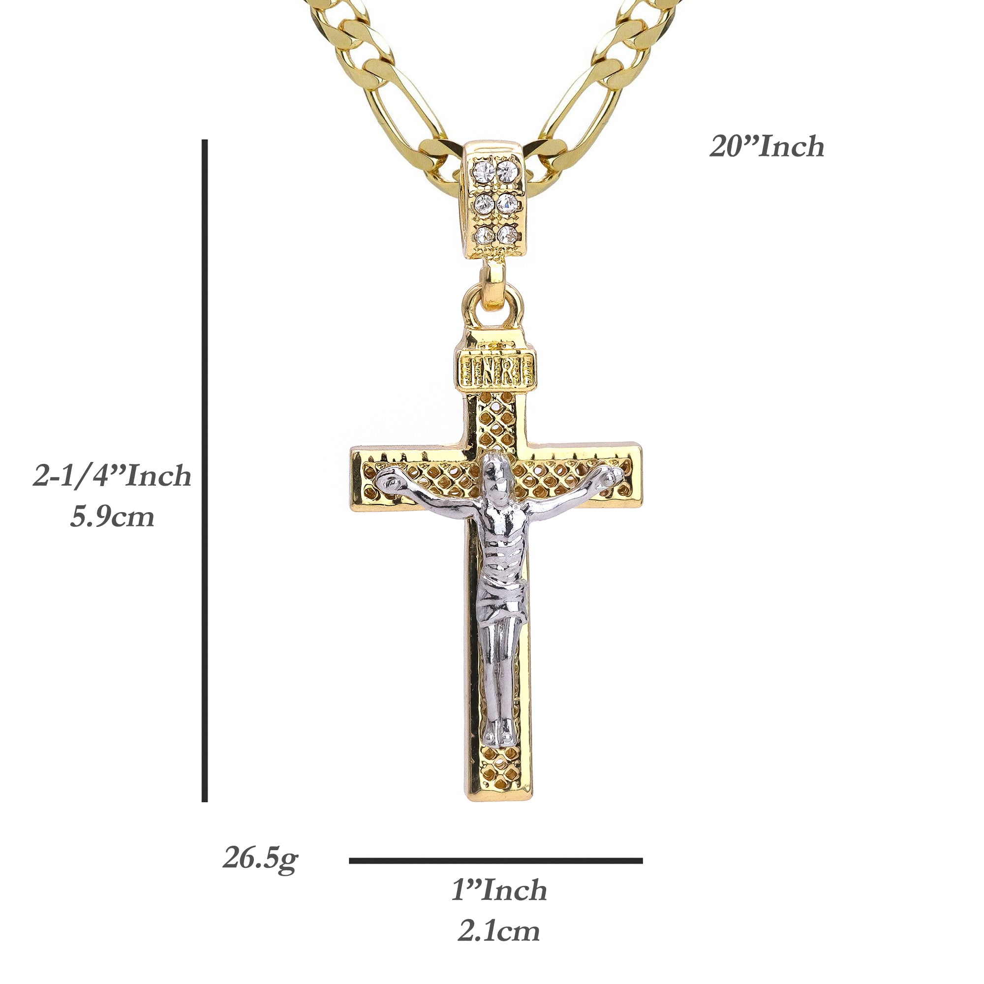 INRE Two Tone Jesus Cross Pendant 20" Figaro Chain Hip Hop Style 18k Gold Plated