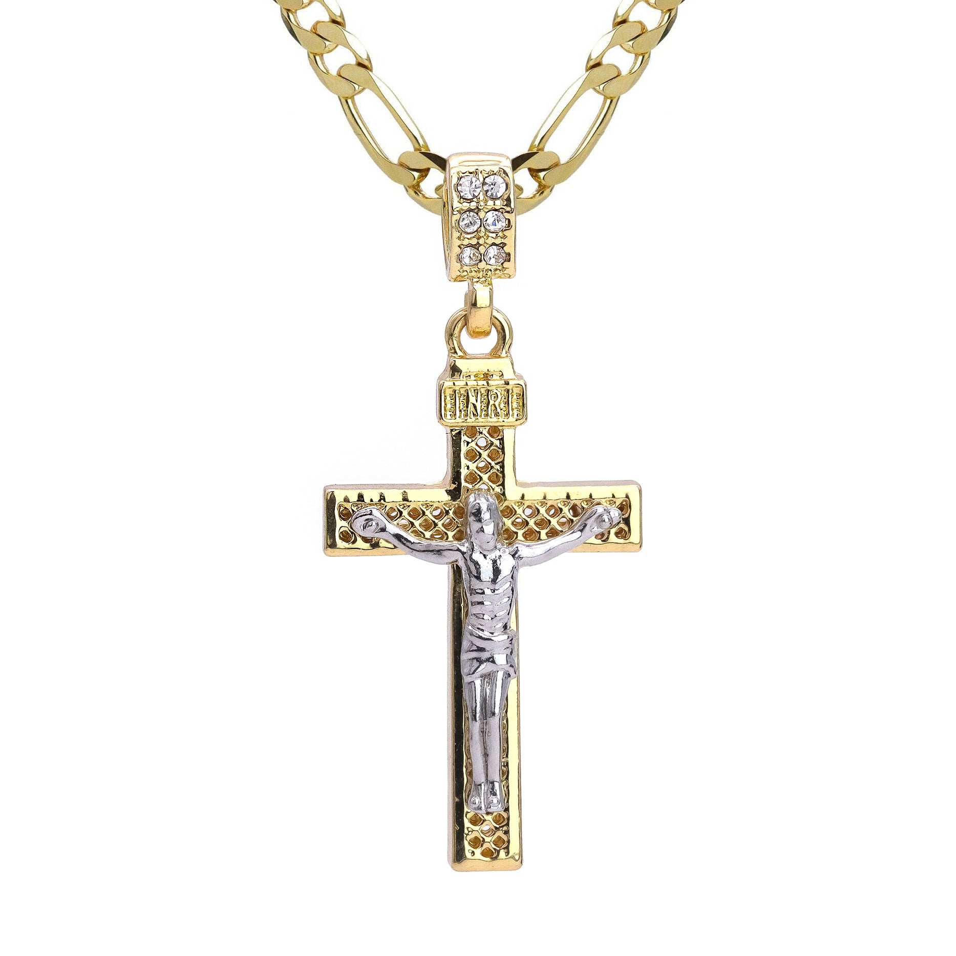 INRE Two Tone Jesus Cross Pendant 20" Figaro Chain Hip Hop Style 18k Gold Plated