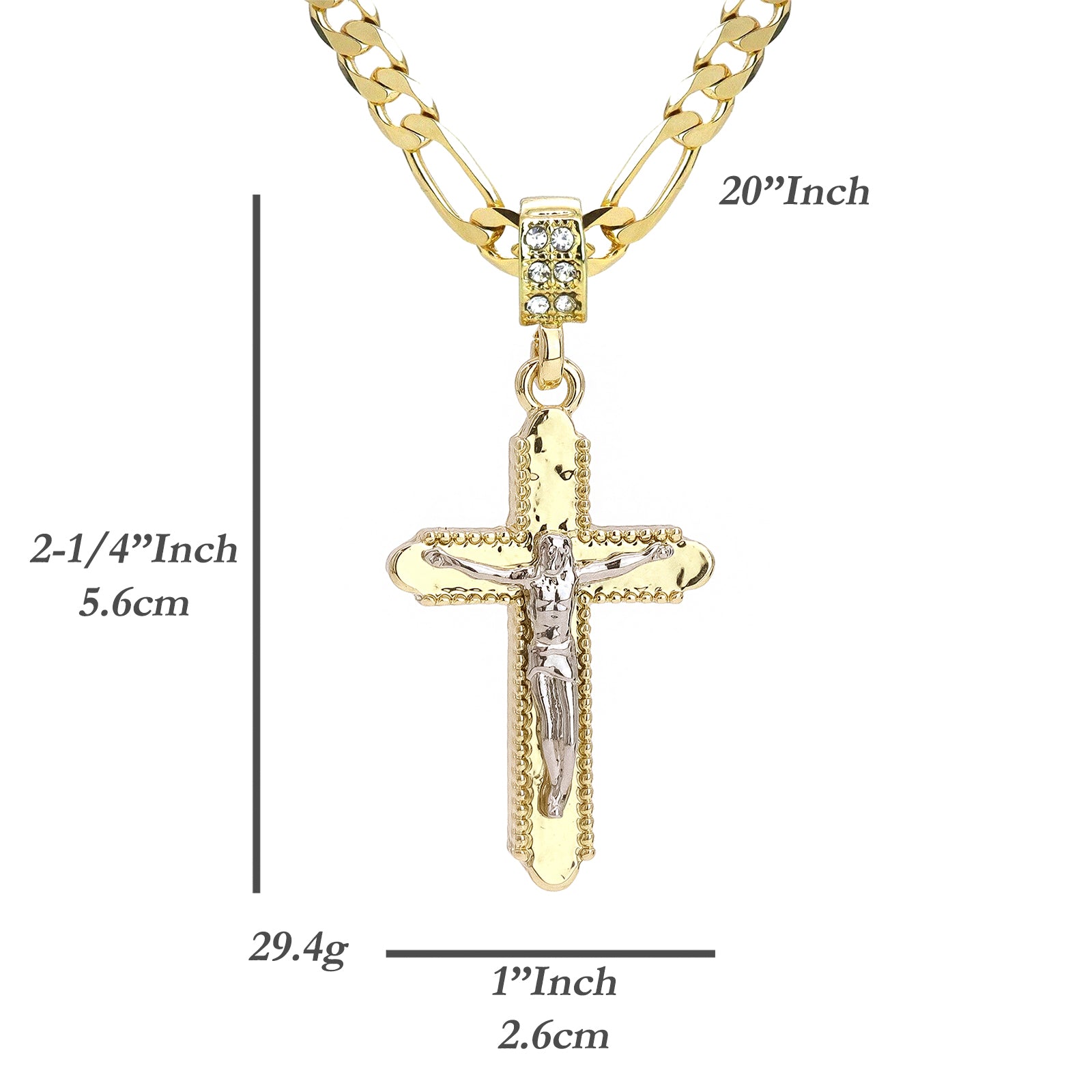 Two Tone Jesus Smooth Cross Pendant 20" Figaro Chain Hip Hop Style 18k Gold Plated