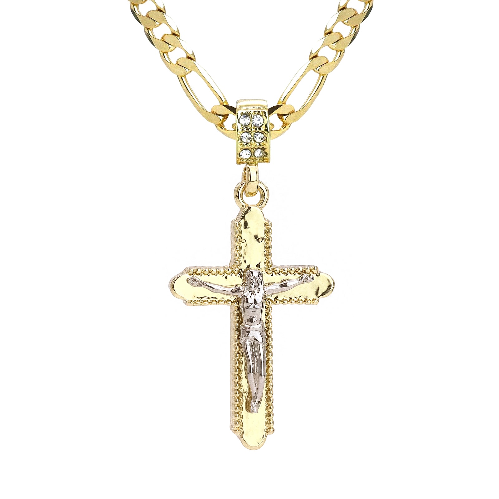 Two Tone Jesus Smooth Cross Pendant 20" Figaro Chain Hip Hop Style 18k Gold Plated