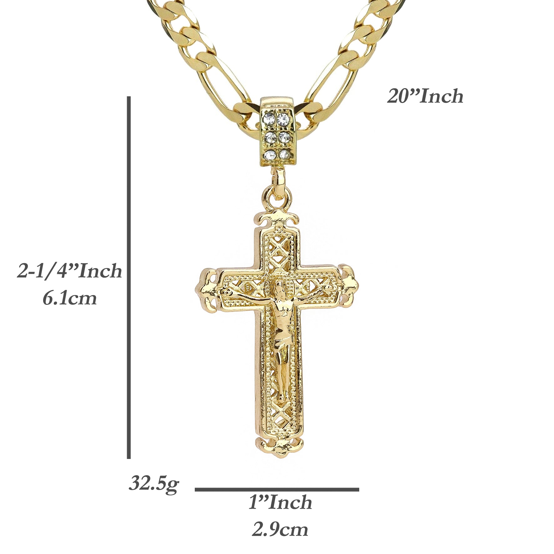 Jesus Arrow Cross Pendant 20" Figaro Chain Hip Hop Style 18k Gold Plated