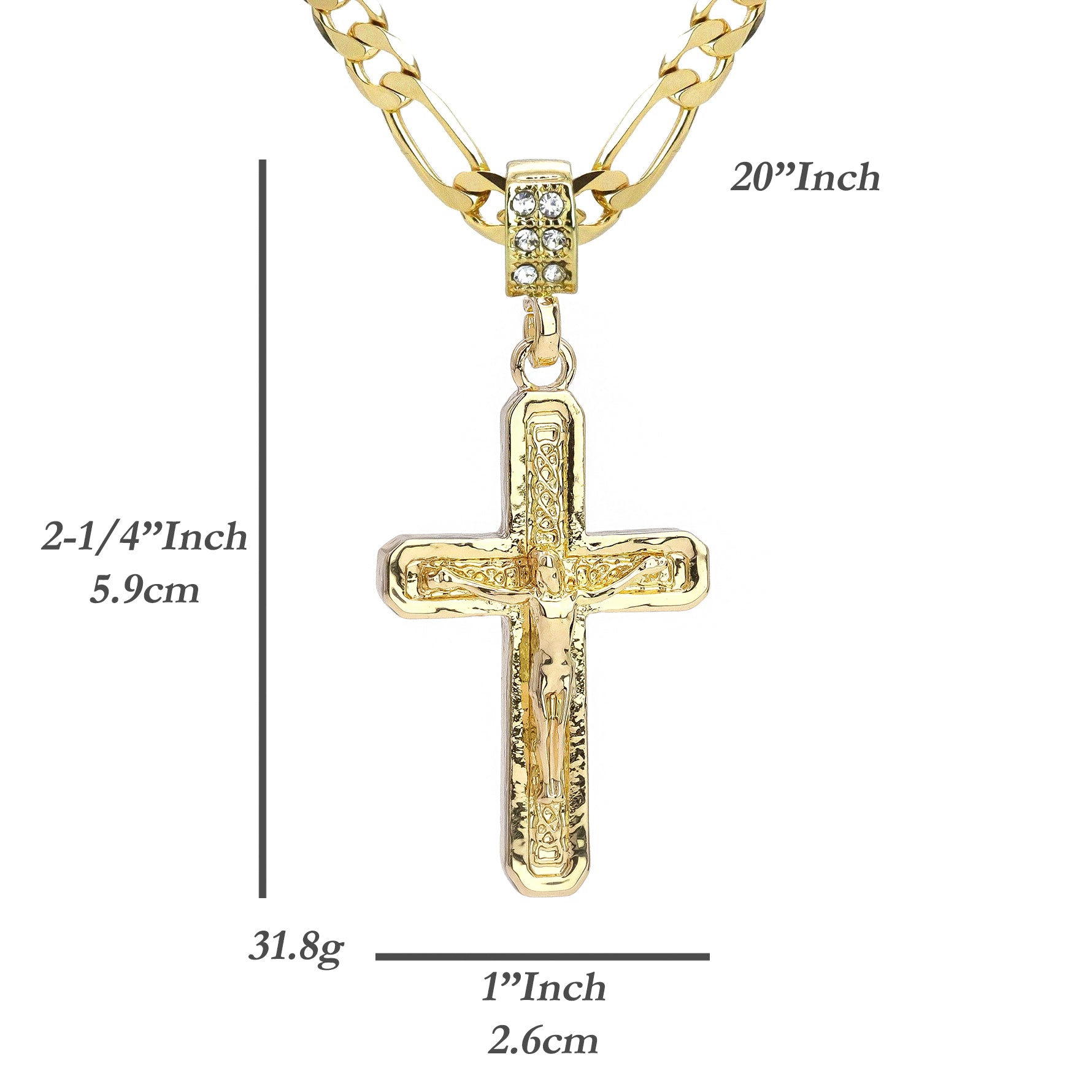 Jesus Pillar Cross Pendant 20" Figaro Chain Hip Hop Style 18k Gold Plated