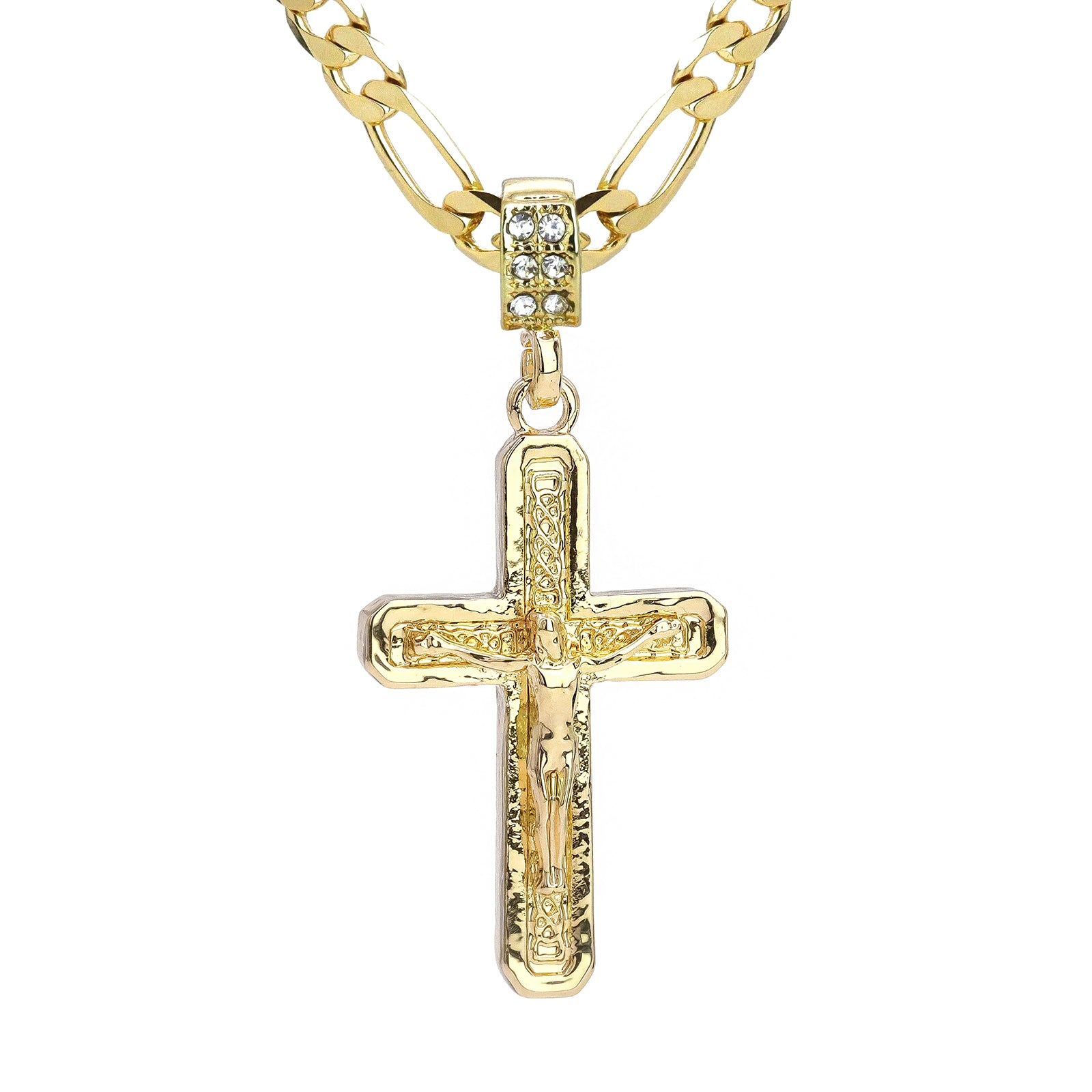 Jesus Pillar Cross Pendant 20" Figaro Chain Hip Hop Style 18k Gold Plated