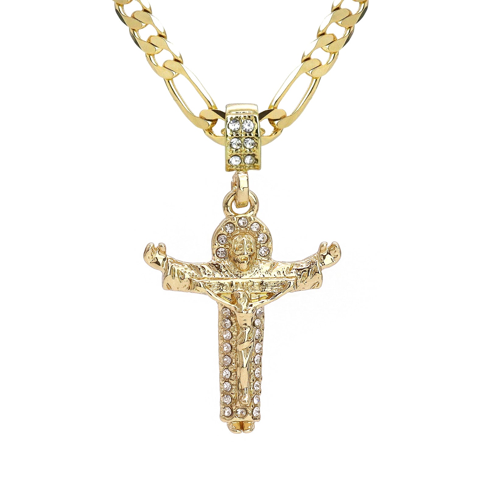 Jesus & Holy Father Cross Pendant 20" Figaro Chain Hip Hop Style 18k Gold Plated