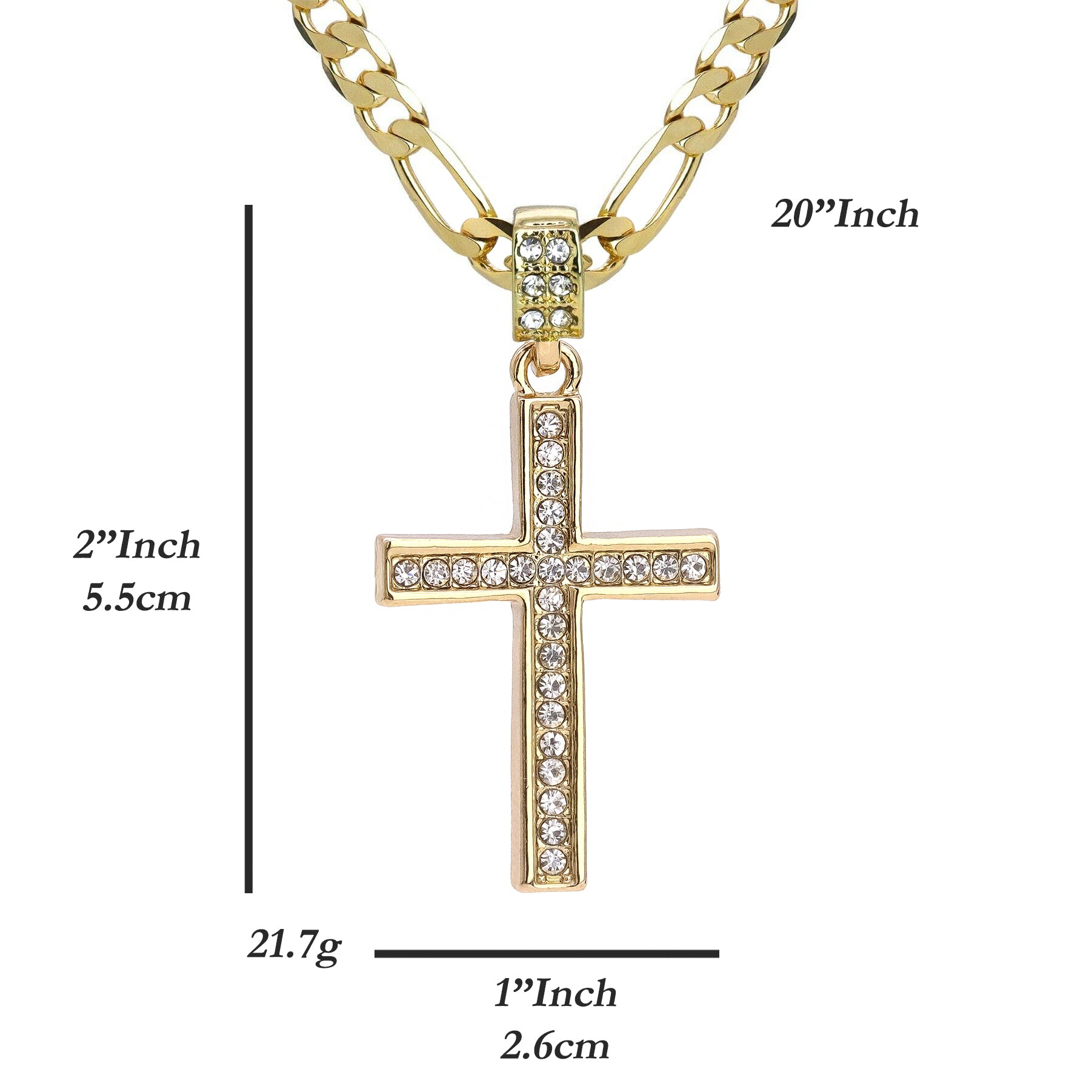 Single Row Cz Cross Pendant 20" Figaro Chain Hip Hop Style 18k Gold Plated