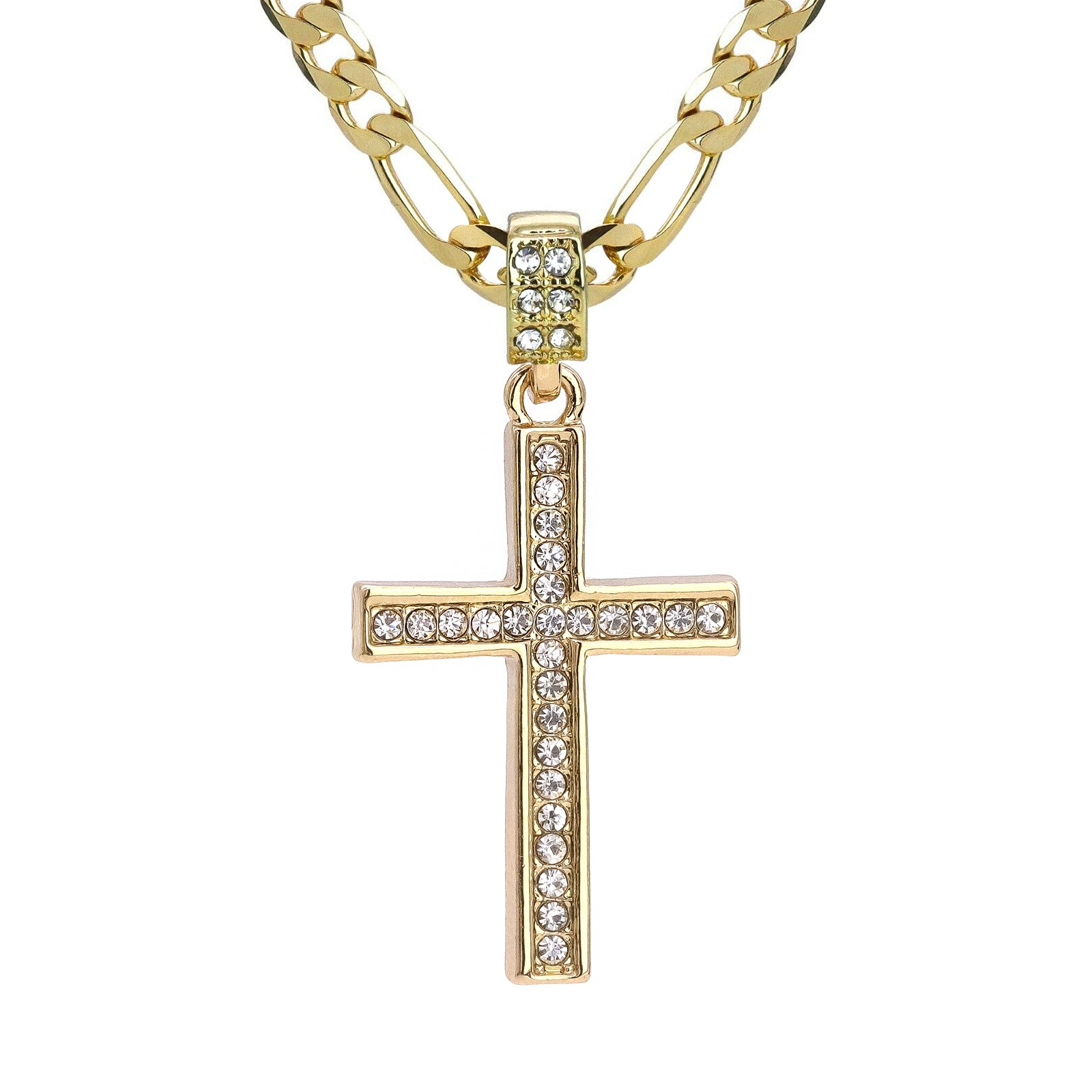 Single Row Cz Cross Pendant 20" Figaro Chain Hip Hop Style 18k Gold Plated