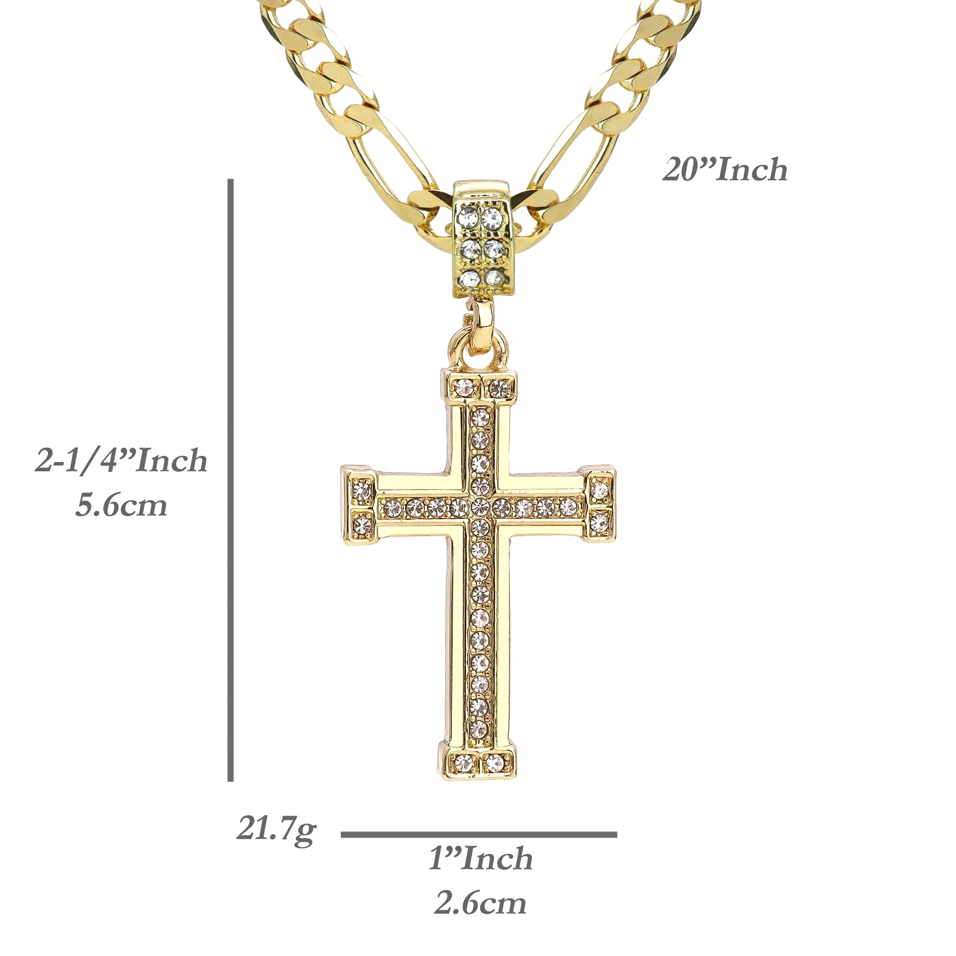 Single Row Cz Staple Cross Pendant 20" Figaro Chain Hip Hop Style 18k Gold Plated