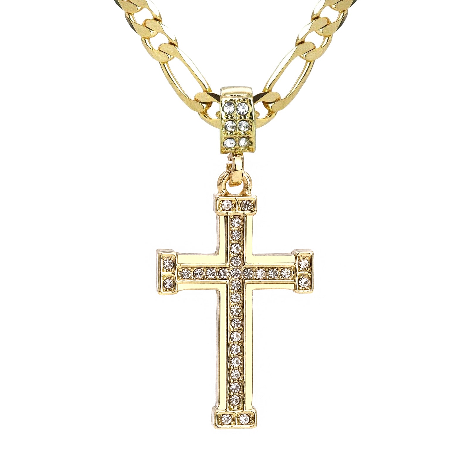 Single Row Cz Staple Cross Pendant 20" Figaro Chain Hip Hop Style 18k Gold Plated