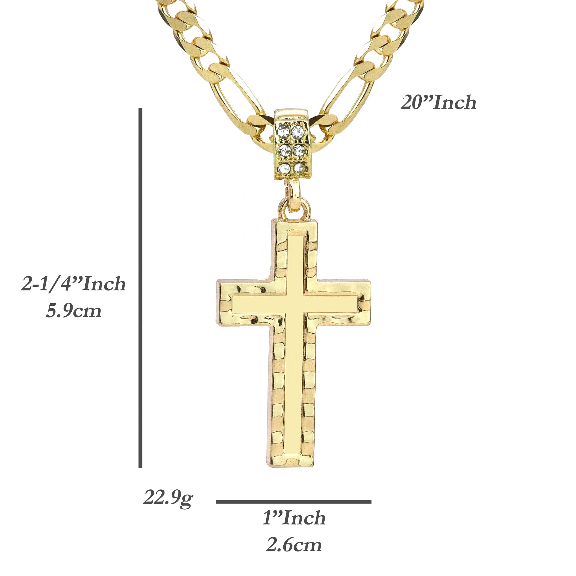 Plain Cross Pendant 20" Figaro Chain Hip Hop Style 18k Gold Plated