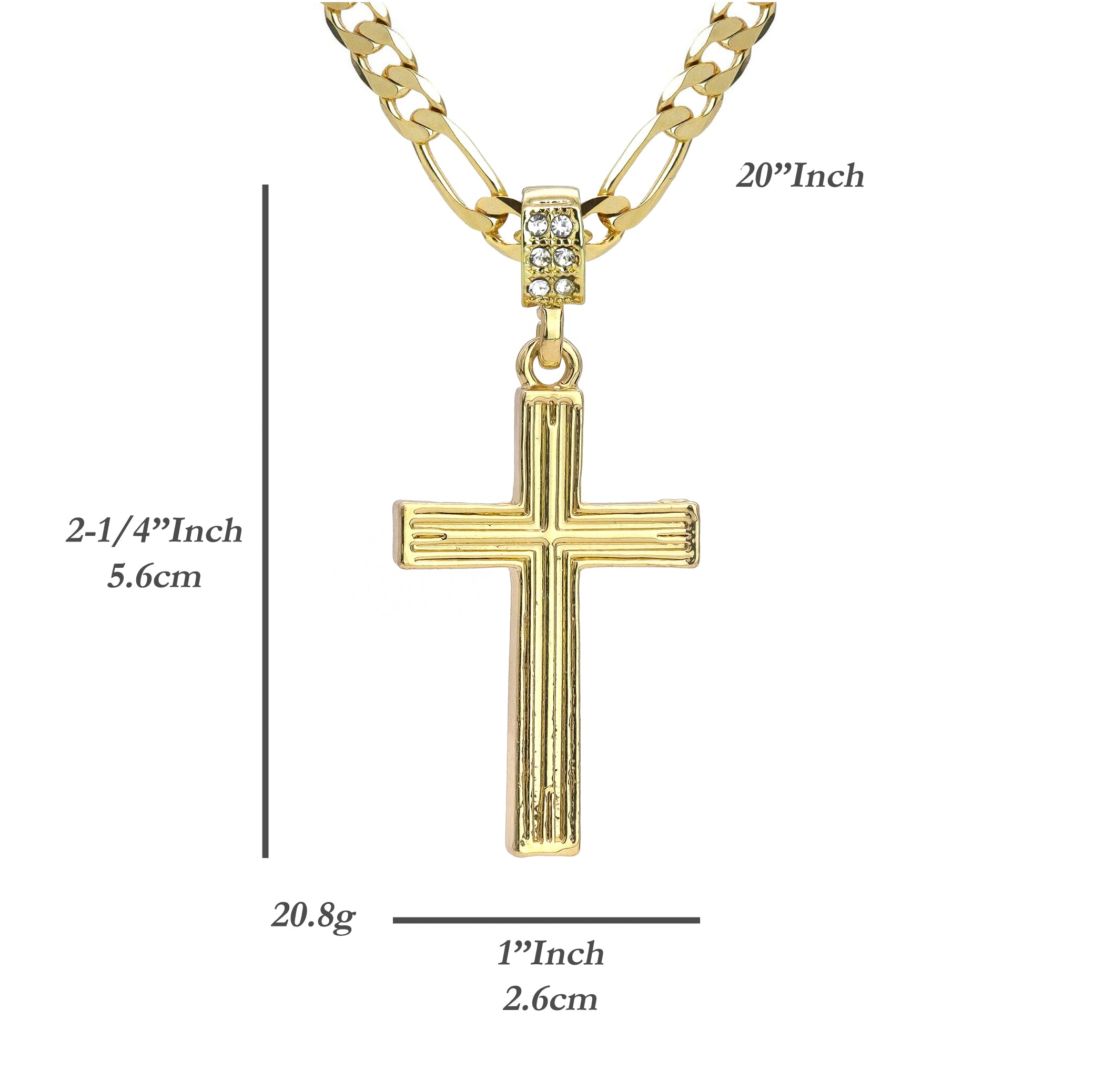 Line Cross Pendant 20" Figaro Chain Hip Hop Style 18k Gold Plated