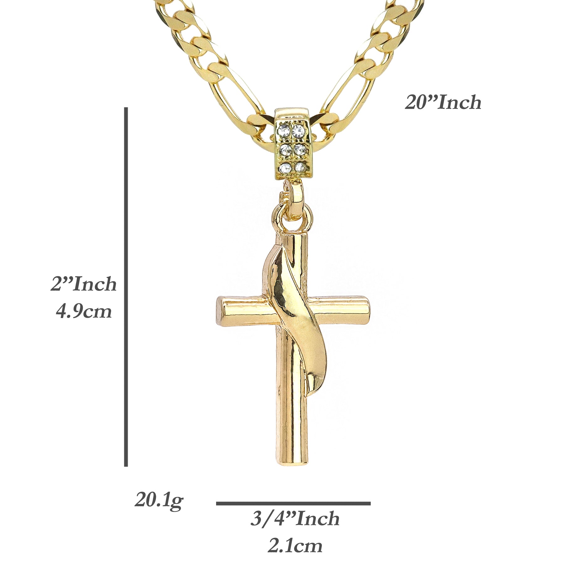 Drape Cross Pendant 20" Figaro Chain Hip Hop Style 18k Gold Plated