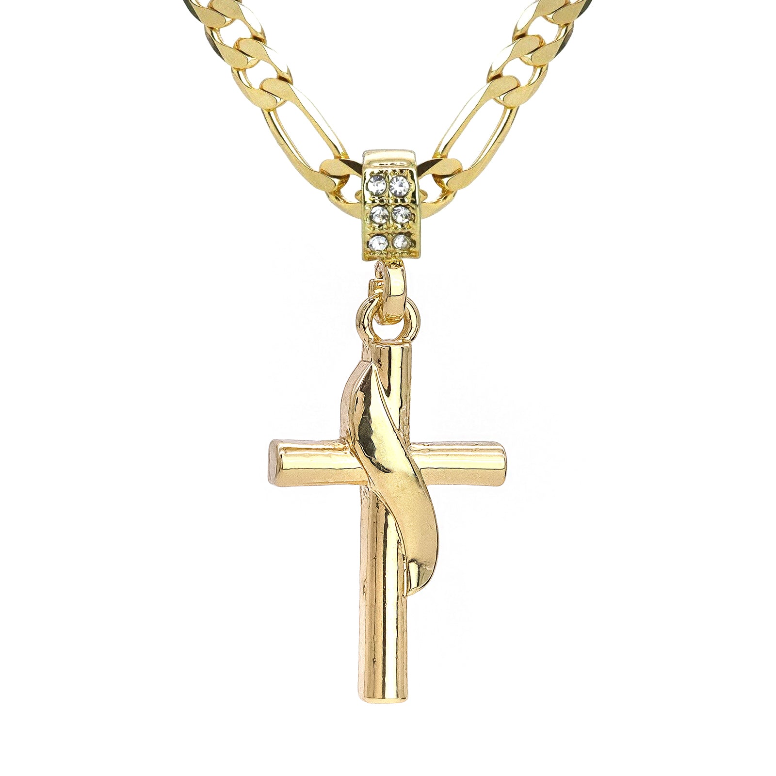 Drape Cross Pendant 20" Figaro Chain Hip Hop Style 18k Gold Plated