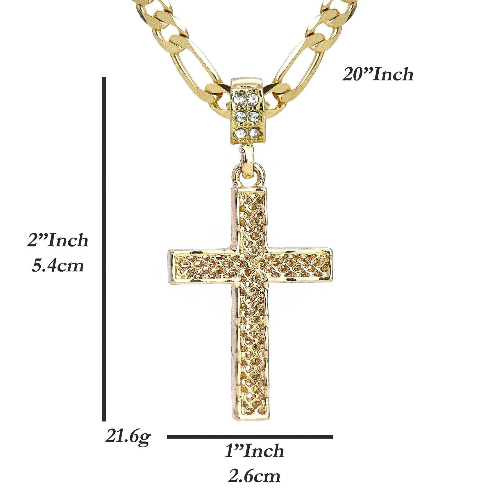 Hallow Curve Cross Pendant 20" Figaro Chain Hip Hop Style 18k Gold Plated