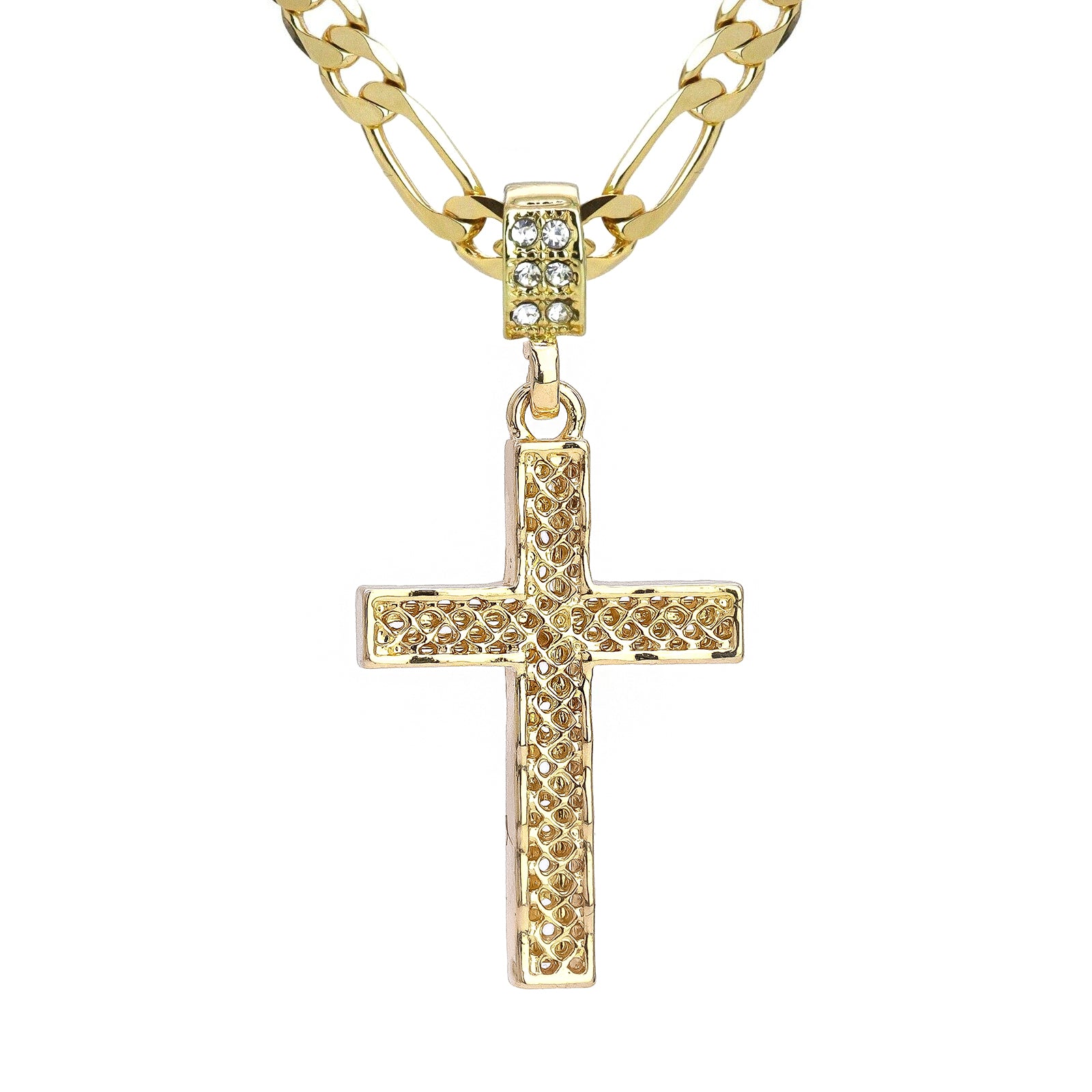 Hallow Curve Cross Pendant 20" Figaro Chain Hip Hop Style 18k Gold Plated