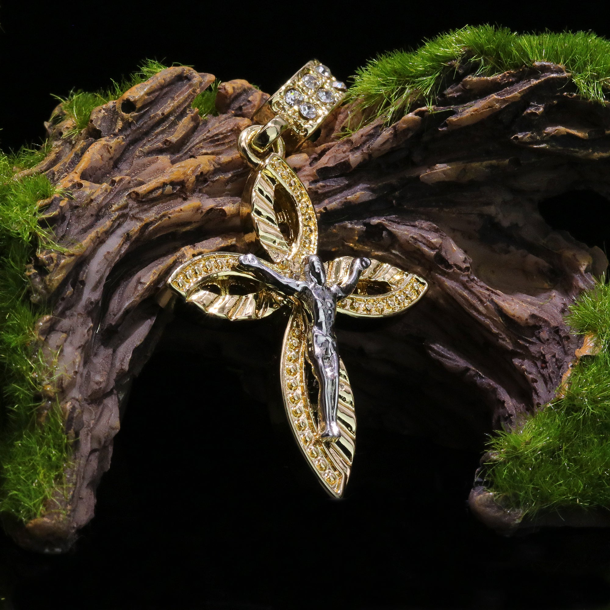Oval Pattern Jesus Cross Pendant 24" Figaro Chain Hip Hop Style 18k Gold Plated