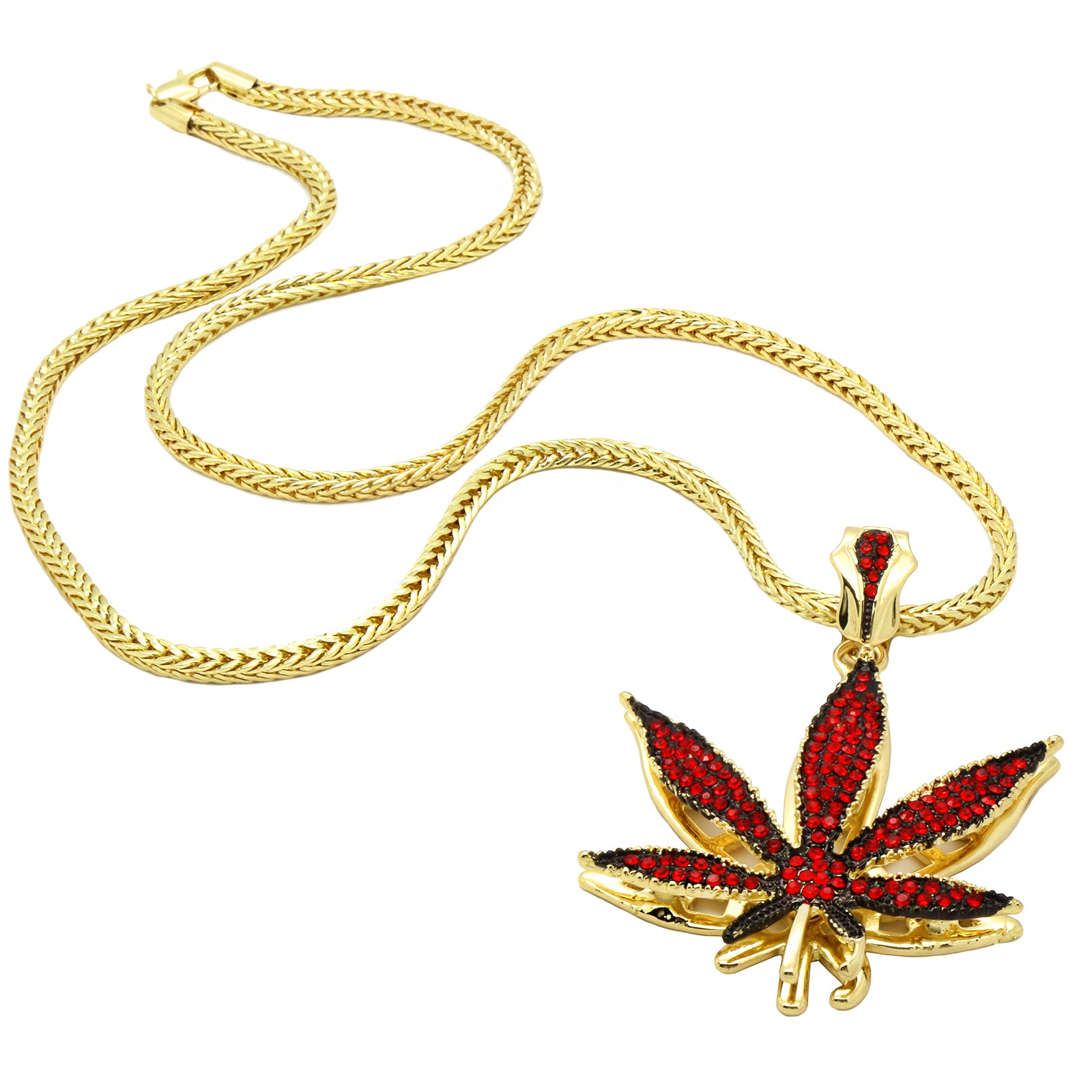 Iced Out Red Marijuana Leaf Pendant with 30" Franco Chain – 14K Gold Filled