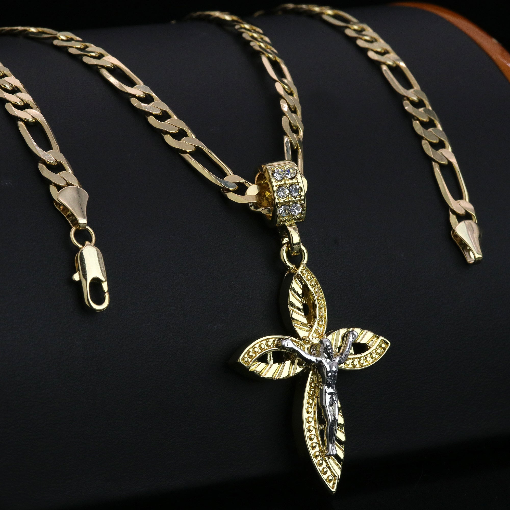 Oval Pattern Jesus Cross Pendant 24" Figaro Chain Hip Hop Style 18k Gold Plated