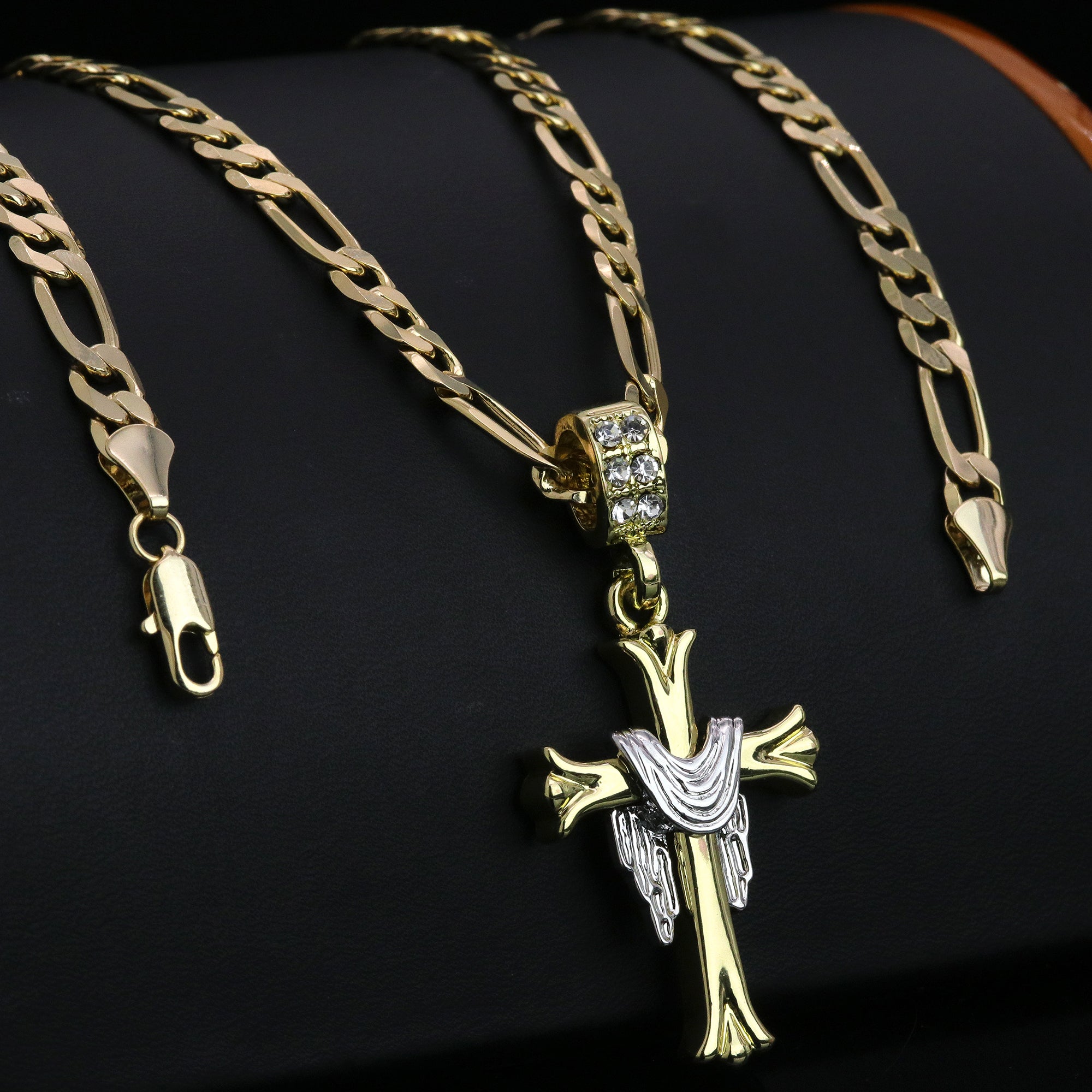 Drape Jesus Cross Pendant 24" Figaro Chain Hip Hop Style 18k Gold Plated