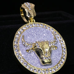 Large Round Silver Stardust Bull Pendant & Iced Cuban CZ Chain Necklace – Hip Hop Jewelry for Men –