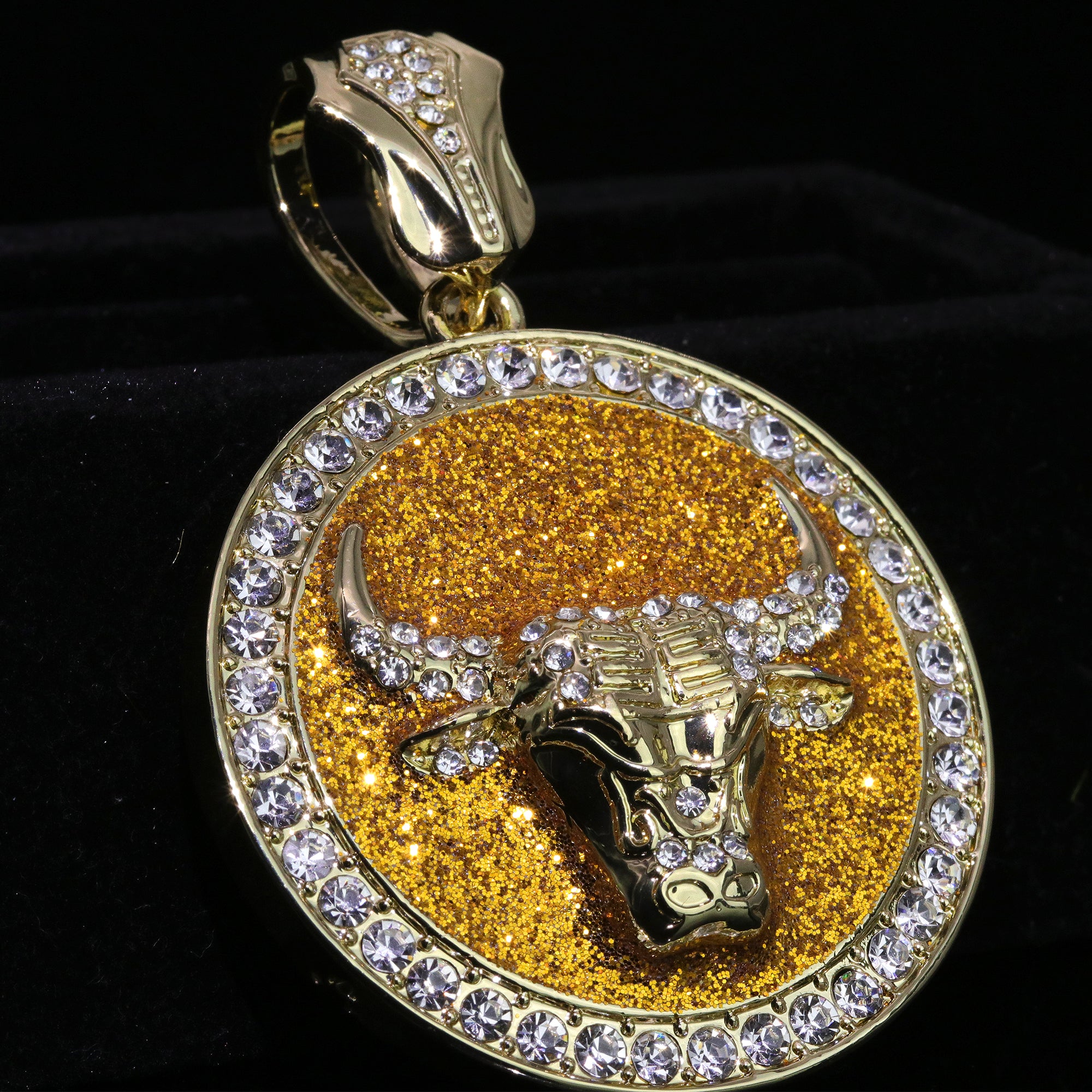 Large Round Gold Stardust Bull Pendant & Iced Cuban CZ Chain Necklace – Hip Hop Jewelry for Men – 18"-24"