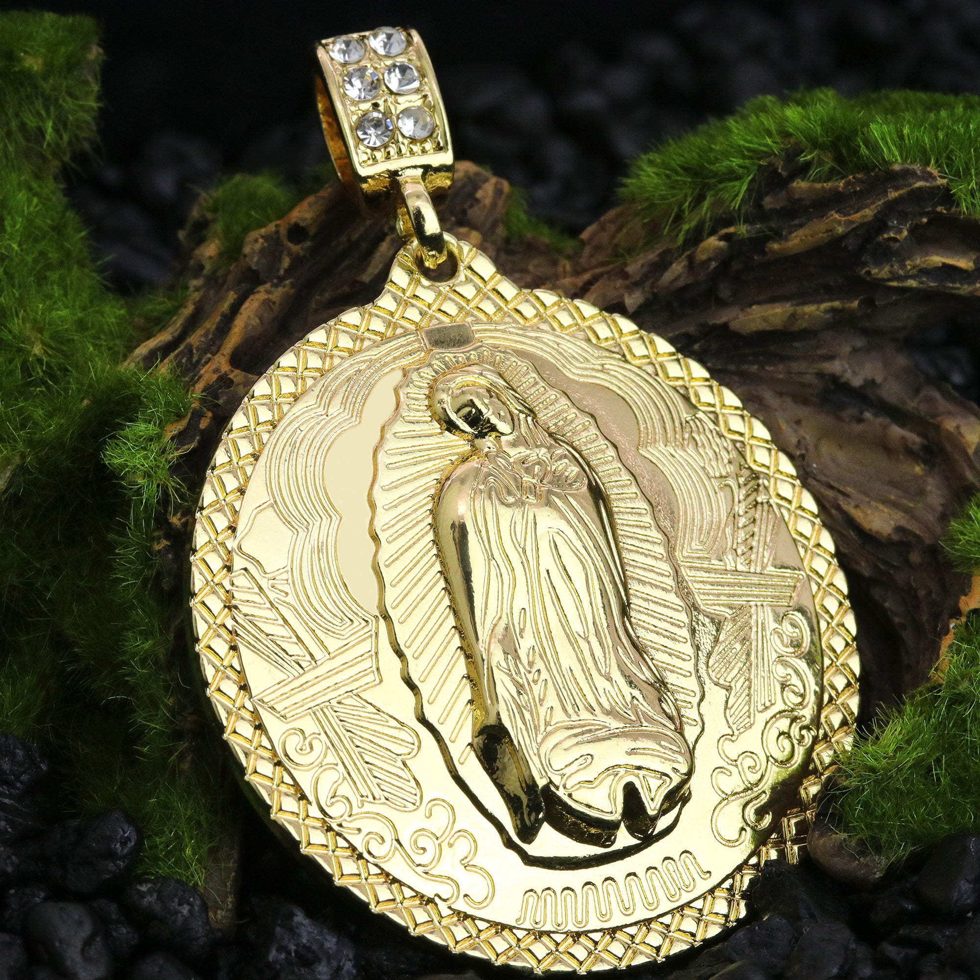 Cz Round Mini Oval Guadalupe Pendant Rope 6mm 24 Necklace Men's 14k Gold Plated