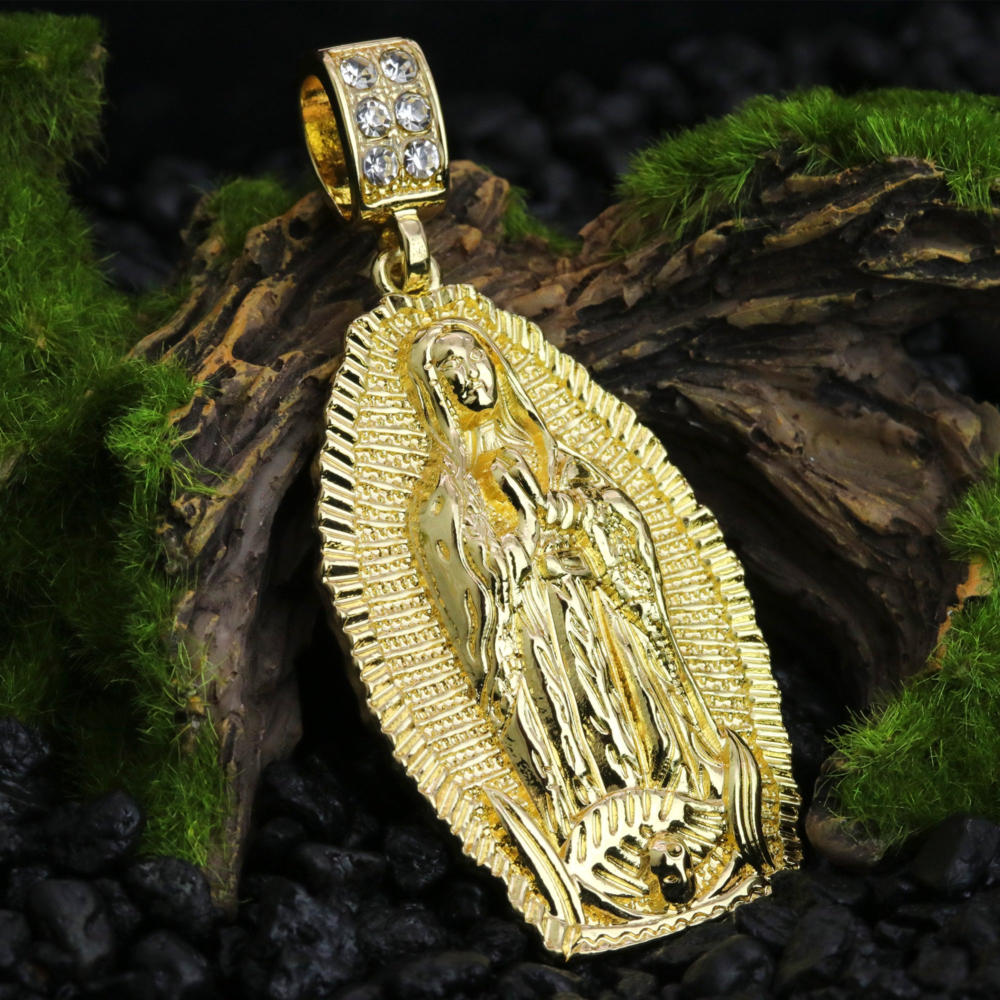 Cz Oval Flat Line Holy Guadalupe Pendant Rope 6mm 24 Necklace Men's 14k Gold Pl