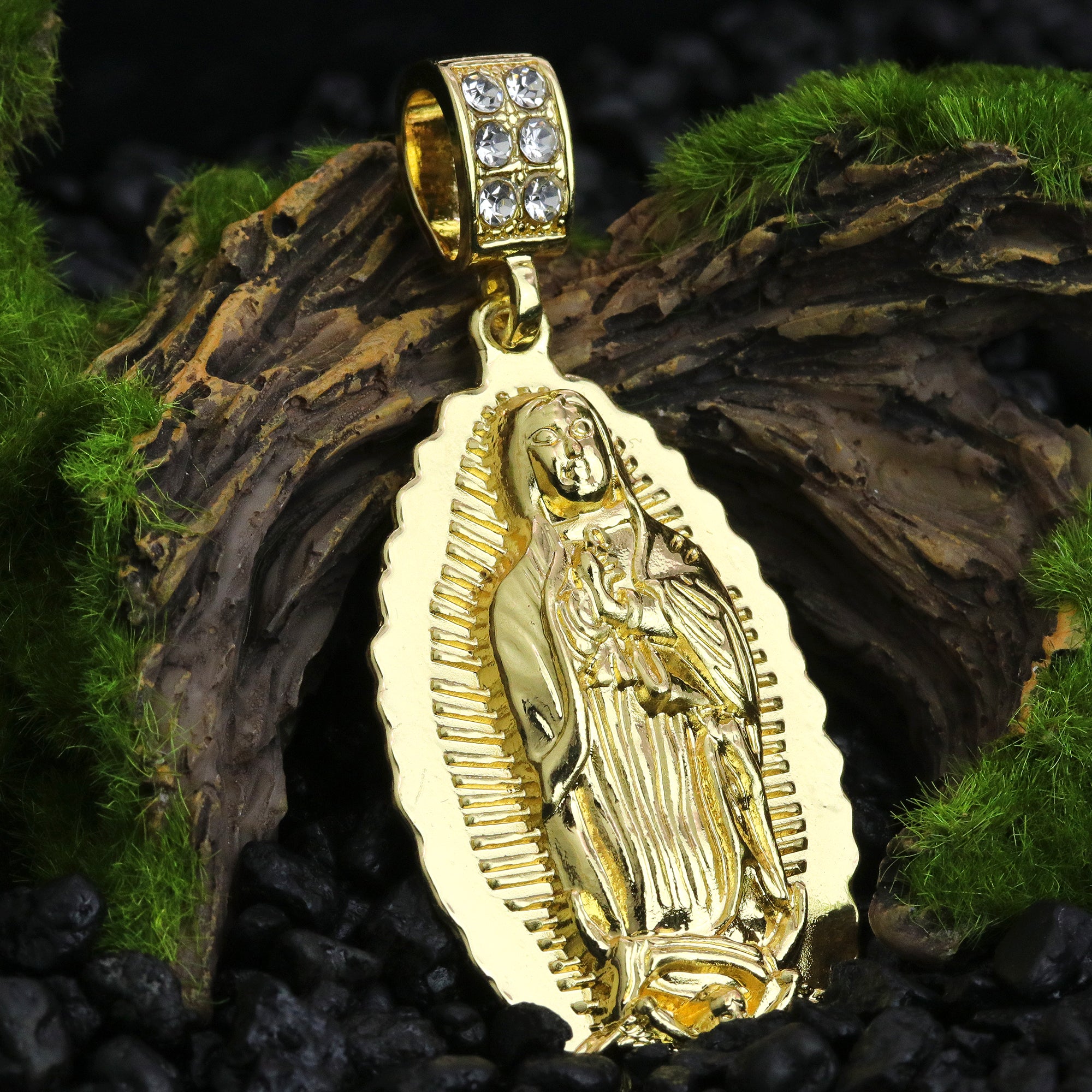 Cz Oval Wavy Guadalupe Pendant Rope 6mm 24 Necklace Men's 14k Gold Plated