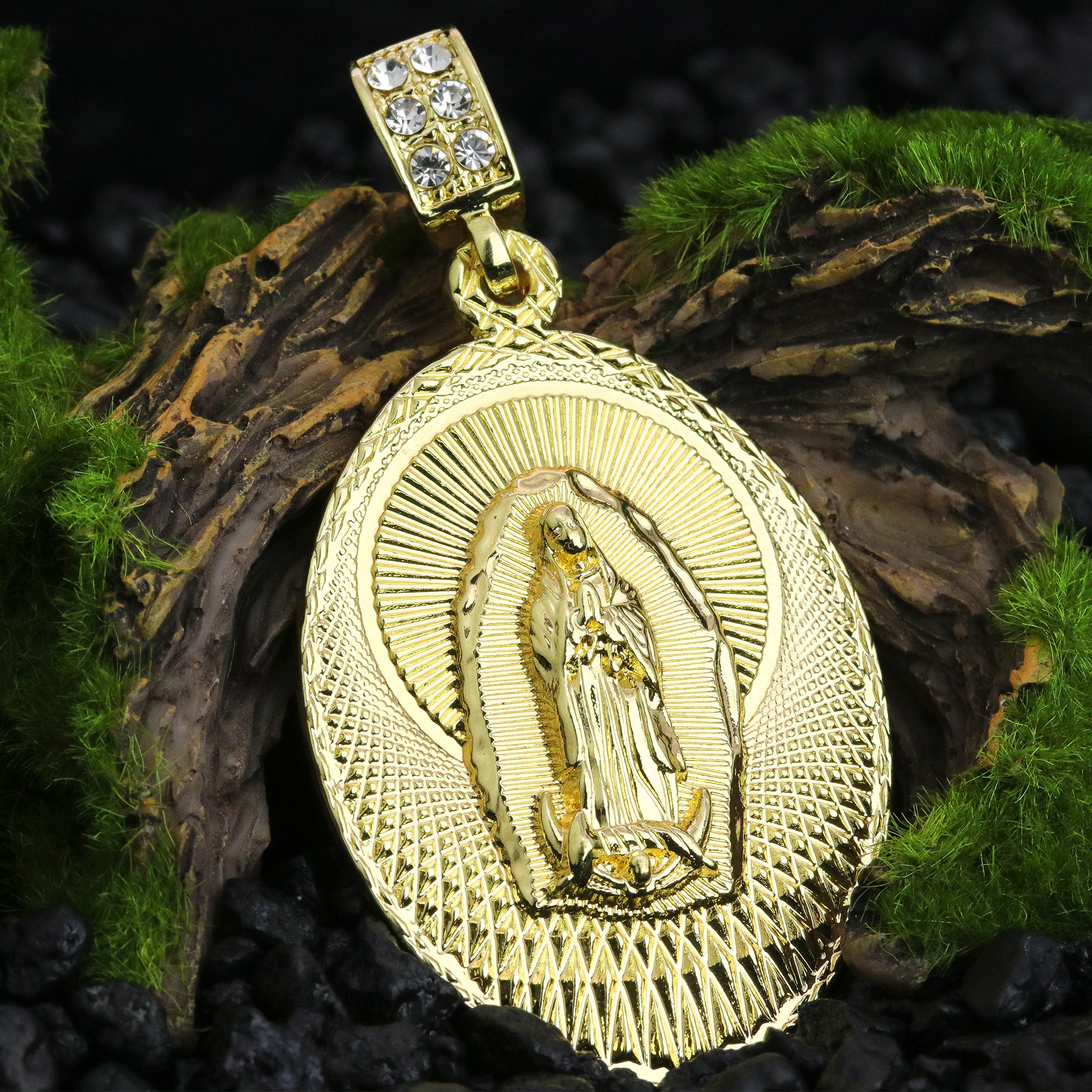 Cz Oval Pattern Line Guadalupe Pendant Rope 6mm 24 Necklace Men's 14k Gold Pl