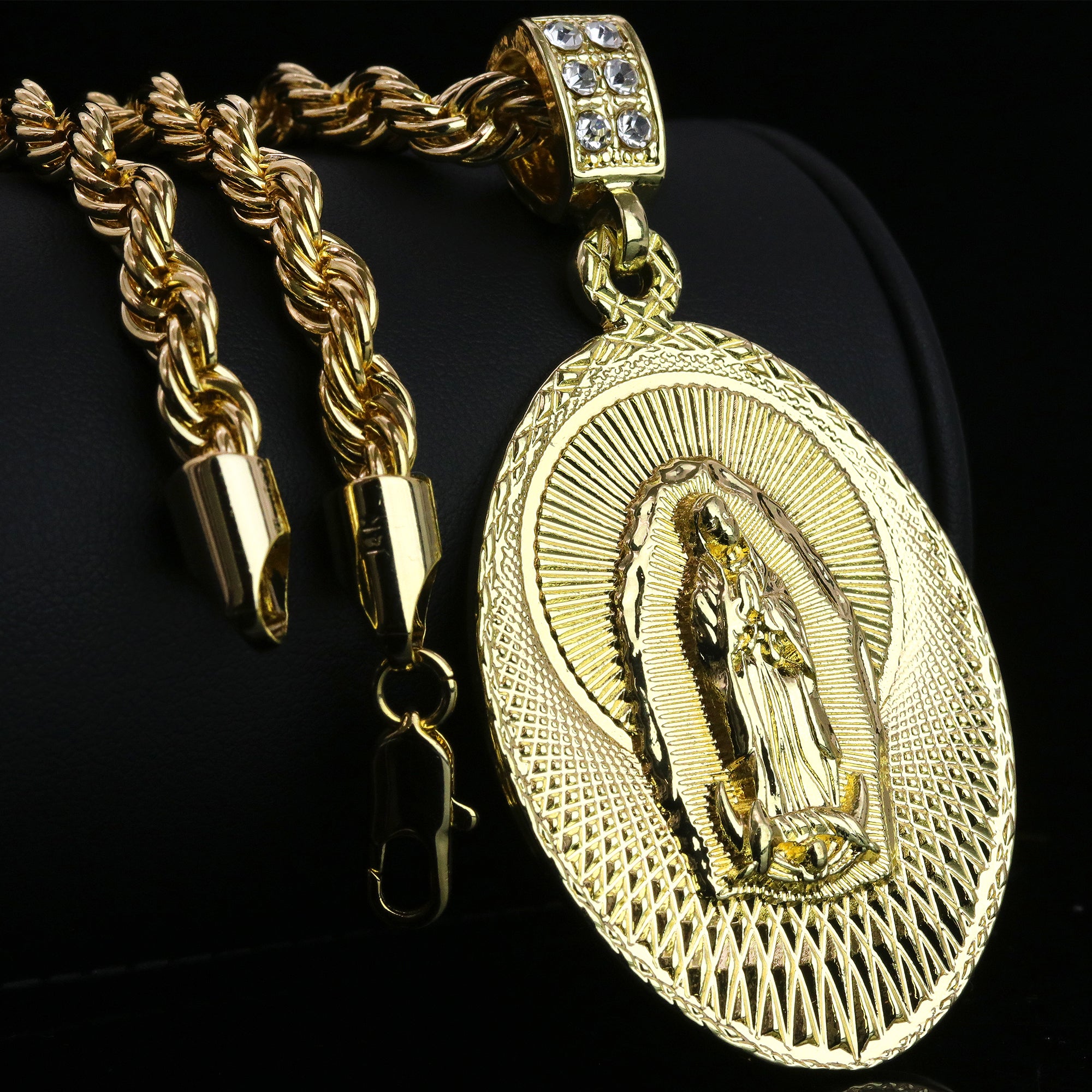 Cz Oval Pattern Line Guadalupe Pendant Rope 6mm 24 Necklace Men's 14k Gold Pl