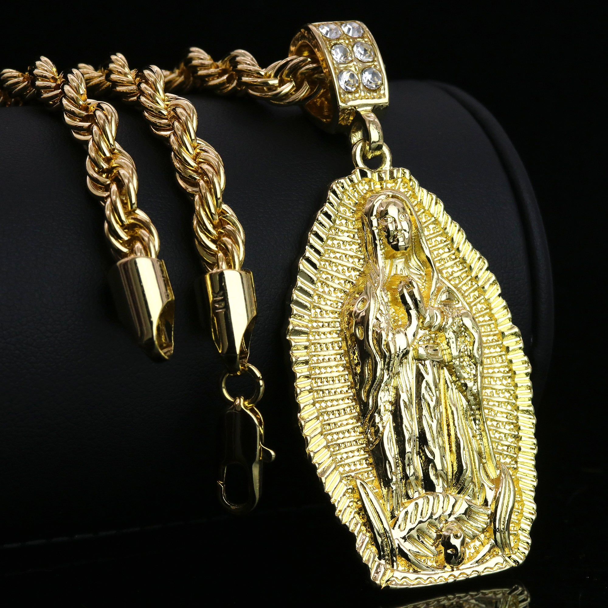 Cz Oval Flat Line Holy Guadalupe Pendant Rope 6mm 24 Necklace Men's 14k Gold Pl