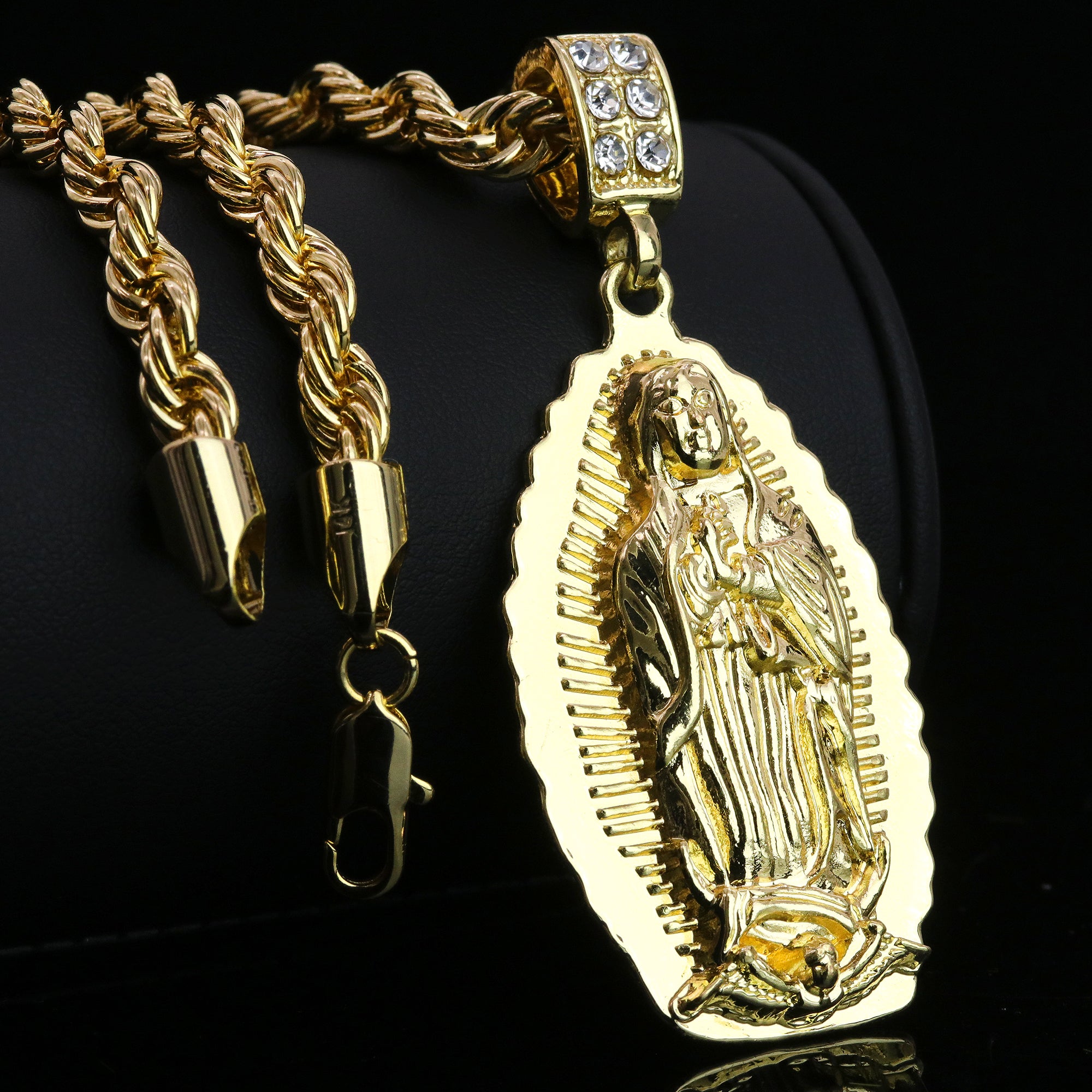 Cz Oval Wavy Guadalupe Pendant Rope 6mm 24 Necklace Men's 14k Gold Plated